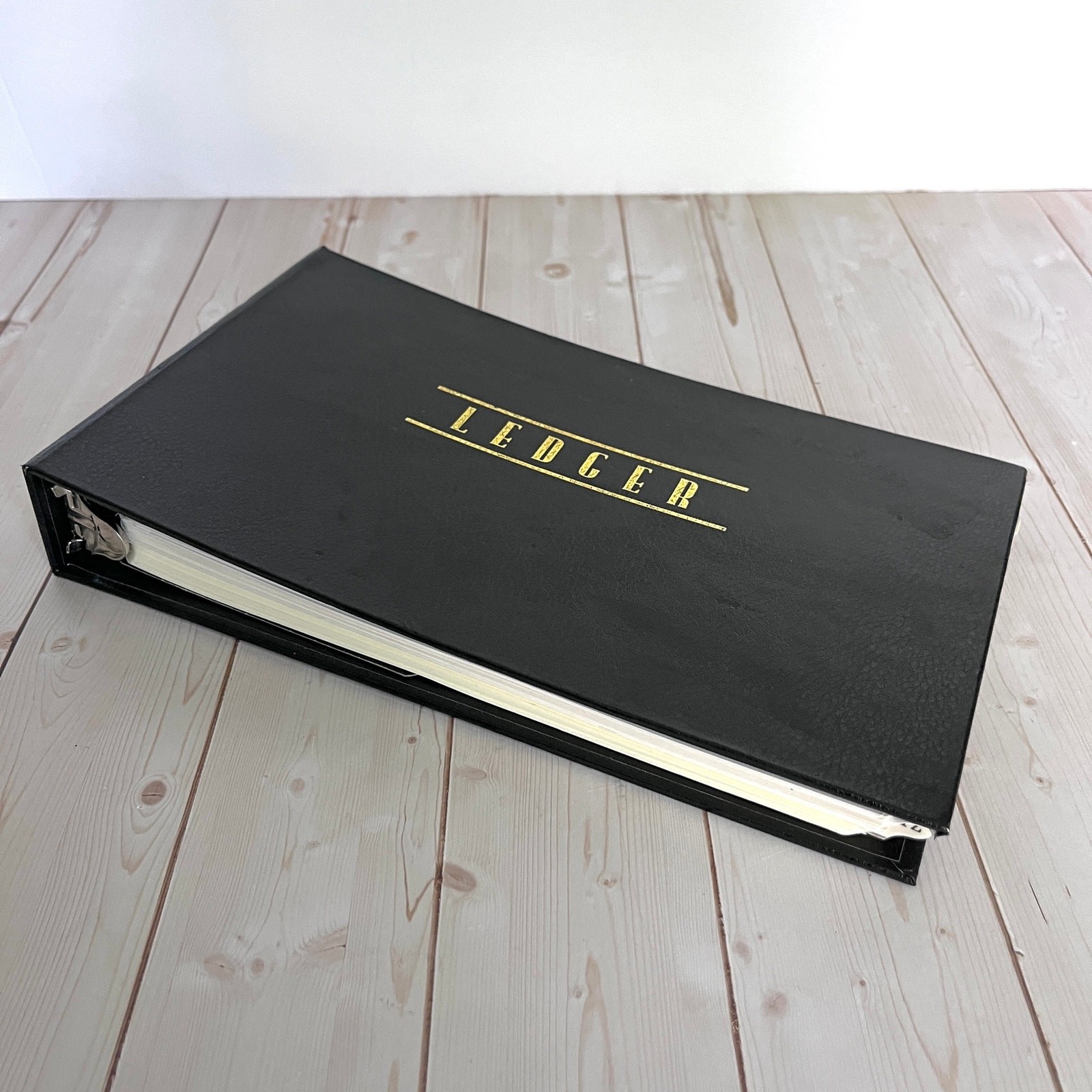 Vintage Black Hardcover 4-Ring Ledger Binder with Dividers and 84 Ledger Pages