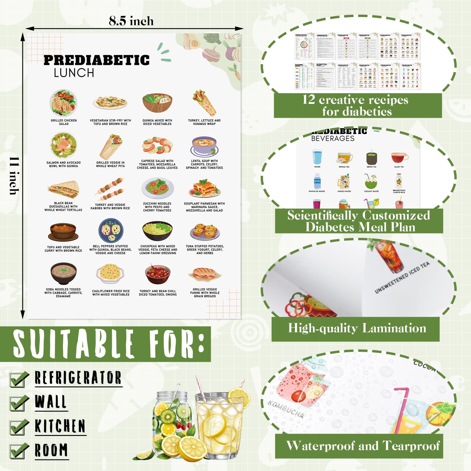 12 Pcs Pre Diabetic 11 X 8.5 Inches, Food List chart