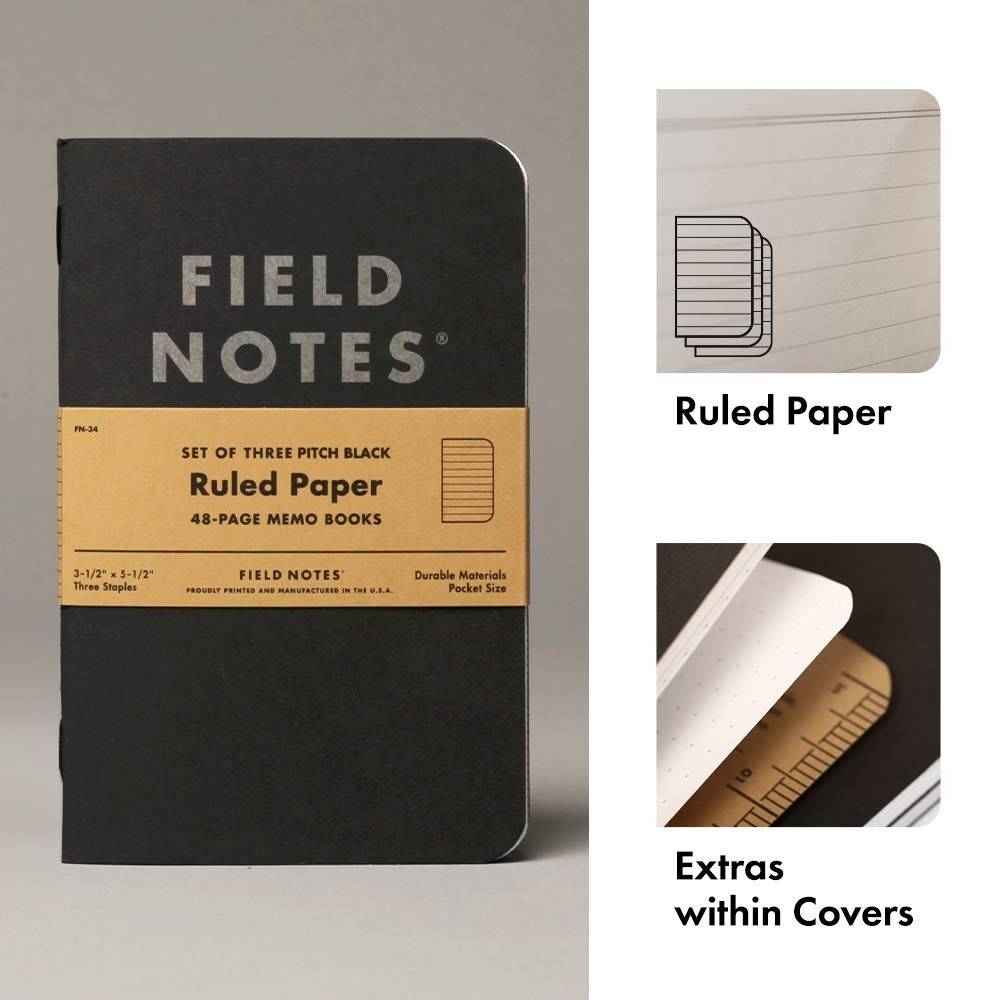 Field Notes 3-Pack Pitch Black Memo Books 3.5 X 5.5, Ruled, 48 Pages | Thin P…