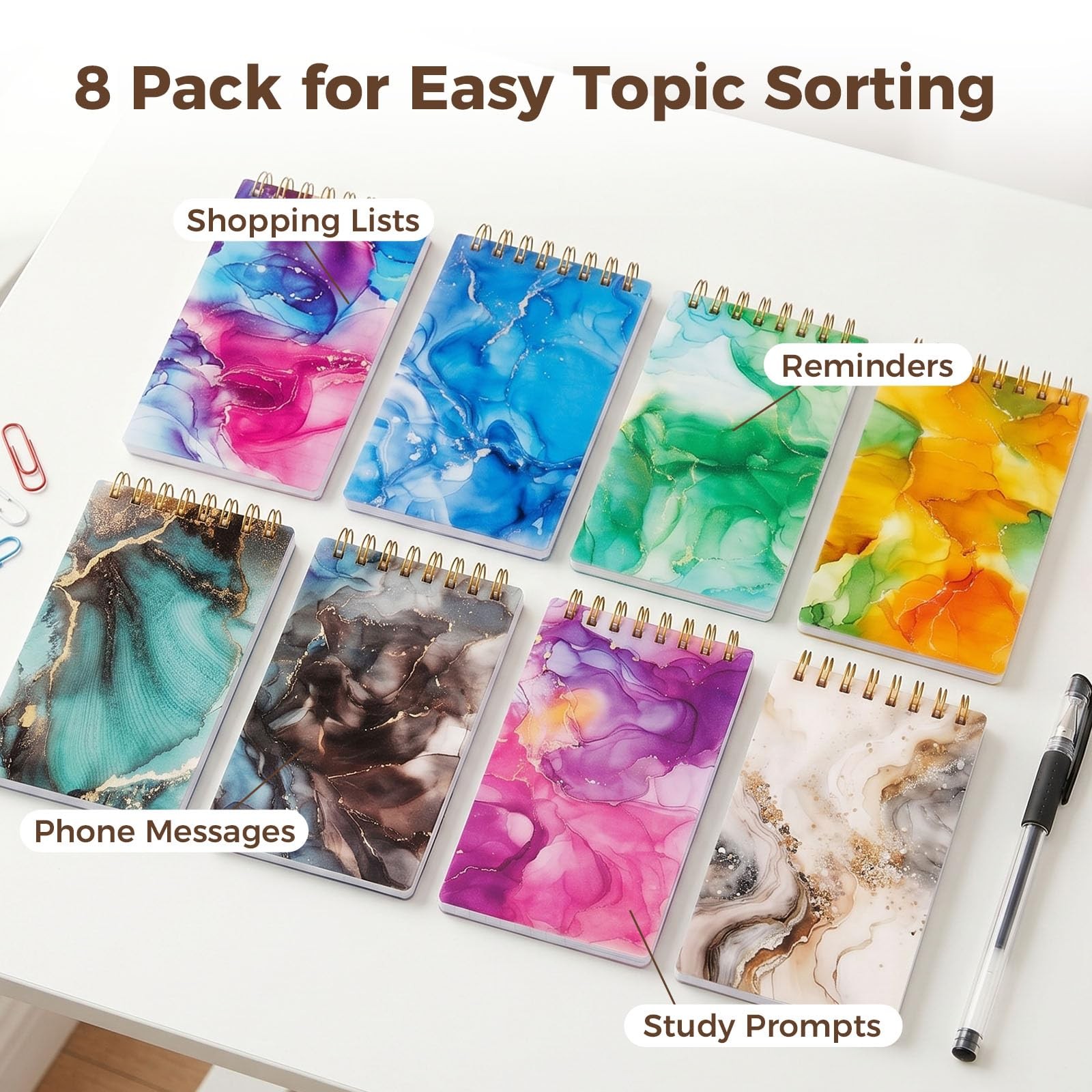 BOOKNOW 8PCS Mini Spiral Notepads, 3x5inch Marbleize Small Line Multi