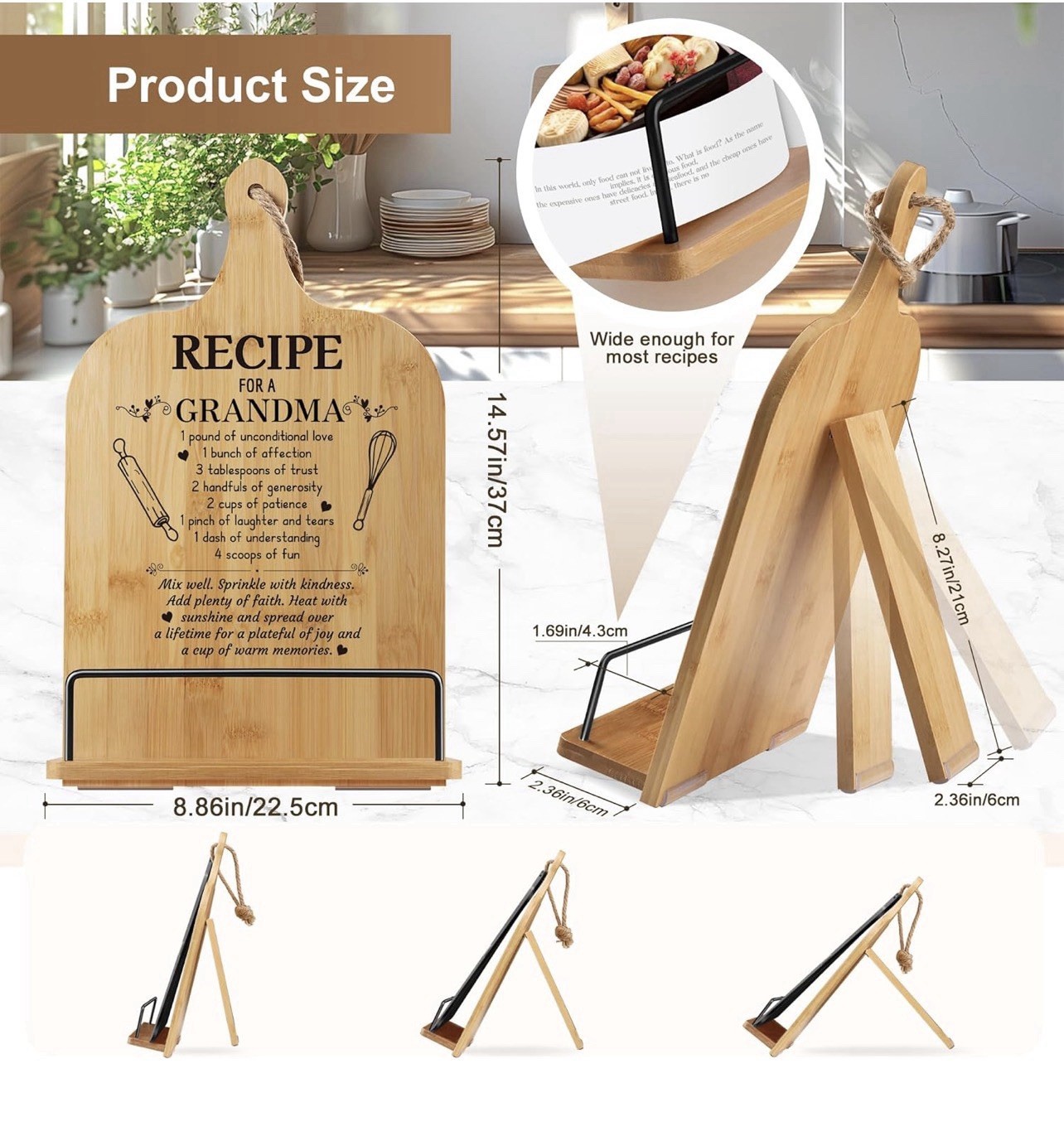 Grandma Gifts Cookbook Stand Bamboo Recipe Book Holder Kitchen Counter Non Slip