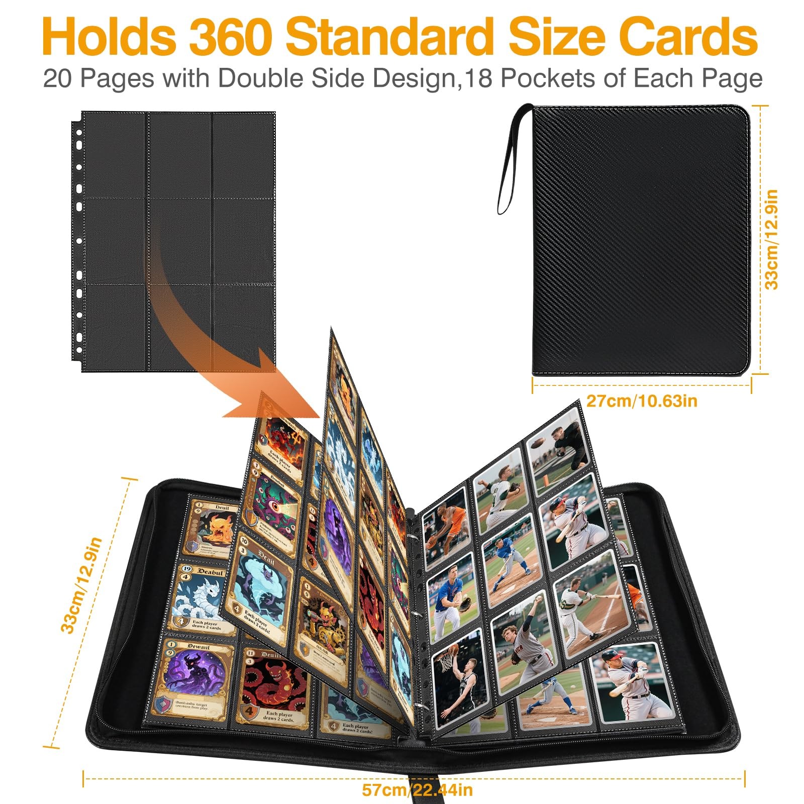 20 Pack 360 Pockets Black Trading Card Sleeves Binder Sheets, Black-20