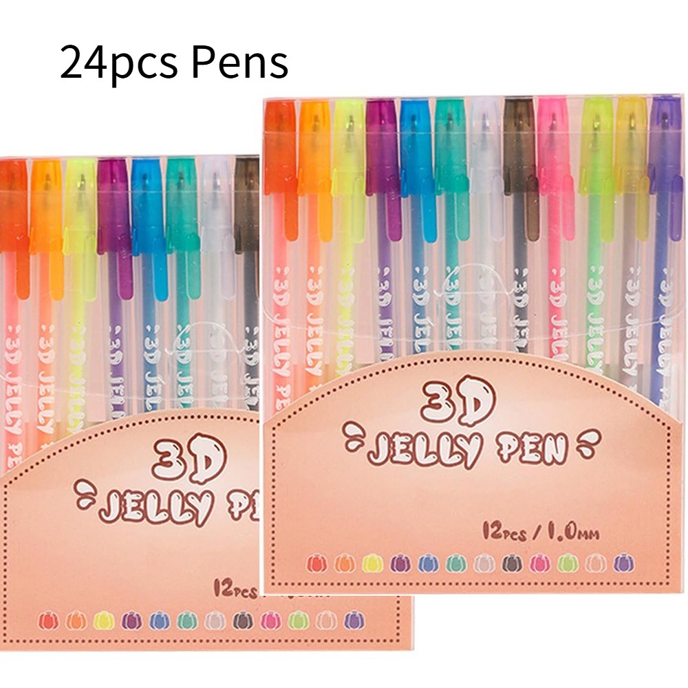 24pcs 3D Jelly Pens – Colorful Fluorescent Ink, 12 Colors, Art Supplies Markers