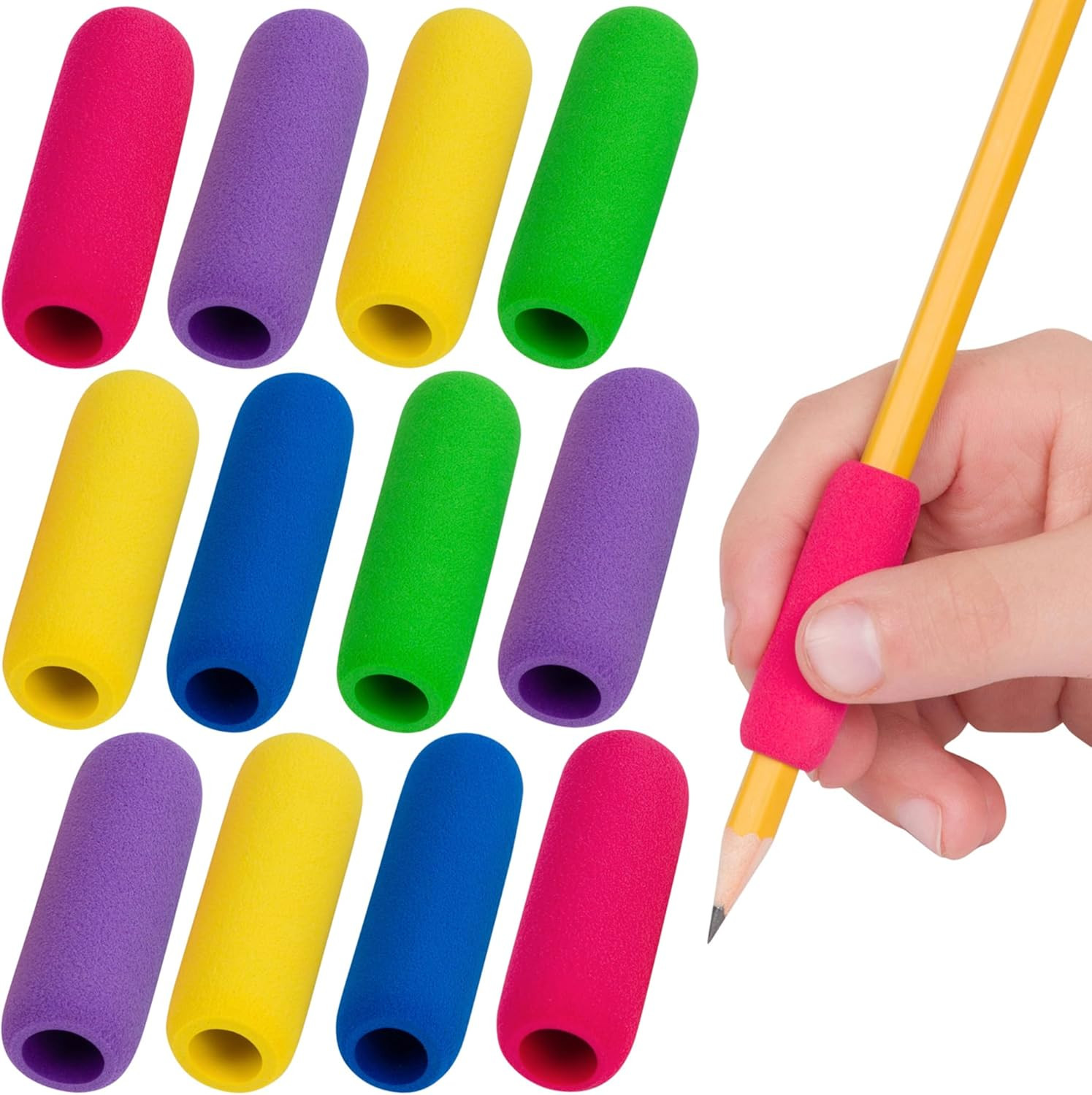 12pcs Soft Foam Pencil Grips Ergonomic Writing Aid Assorted Colors 1.5 Inch