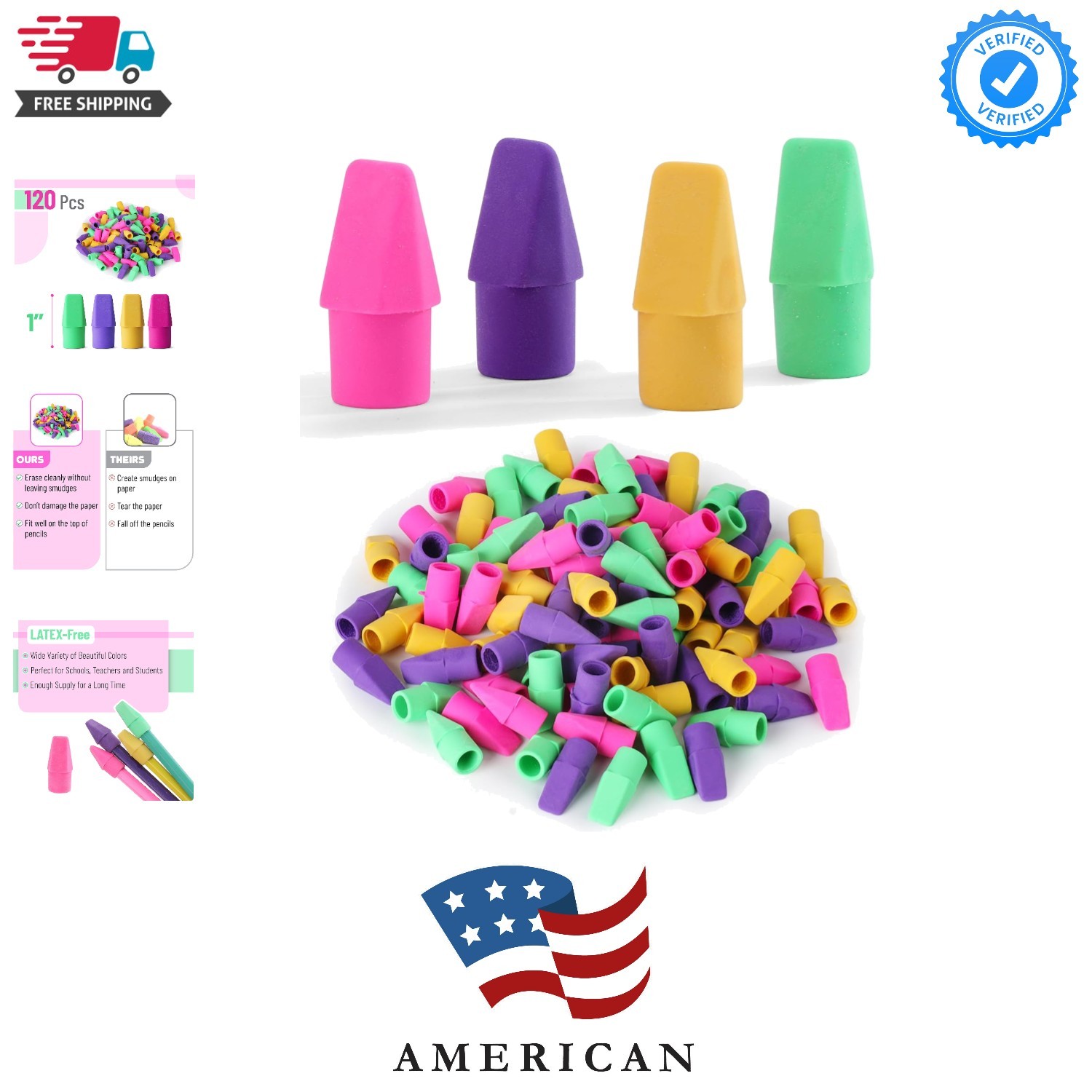 Pencil Top Erasers, 120 Pack, Latex-Free, No-Smudge | Cap Pencil Erasers for …