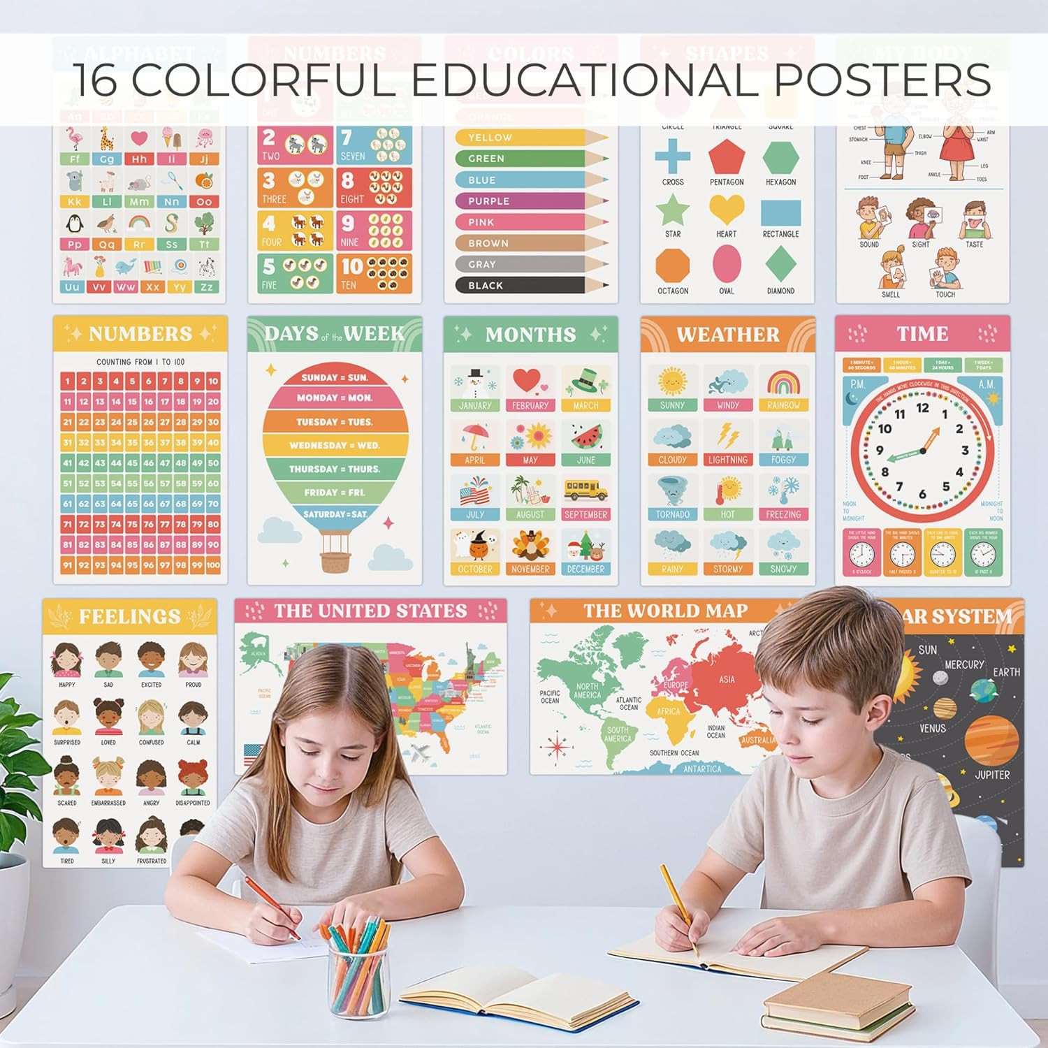 Fun Educational Posters for Toddlers 1–3 – Set of 16 Easy to Read Learning Poste