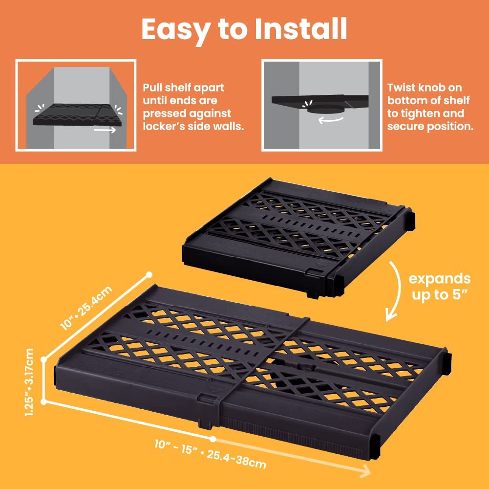Adjust-A-Shelf Locker Shelf, Easy to Use, Extends to Fit Your Locker, Black