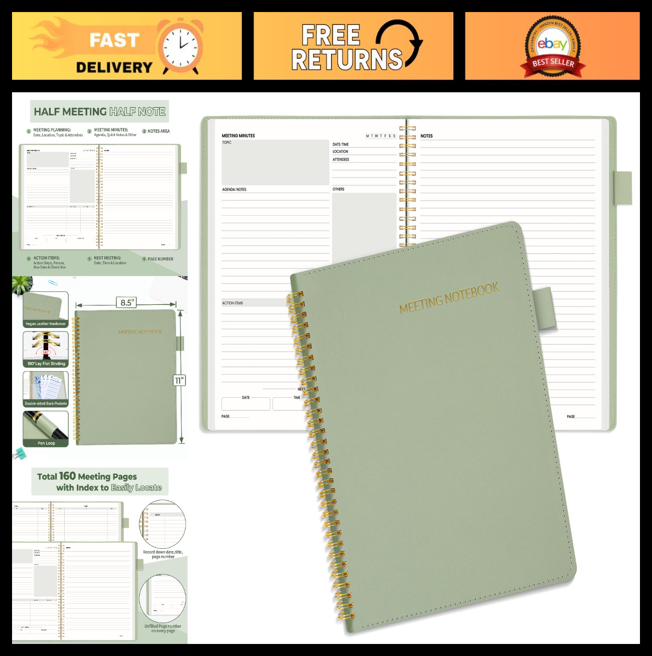 Professional A4 Meeting & Note Notebooks – 160 Pages, Spiral Planner, Vegan Leat