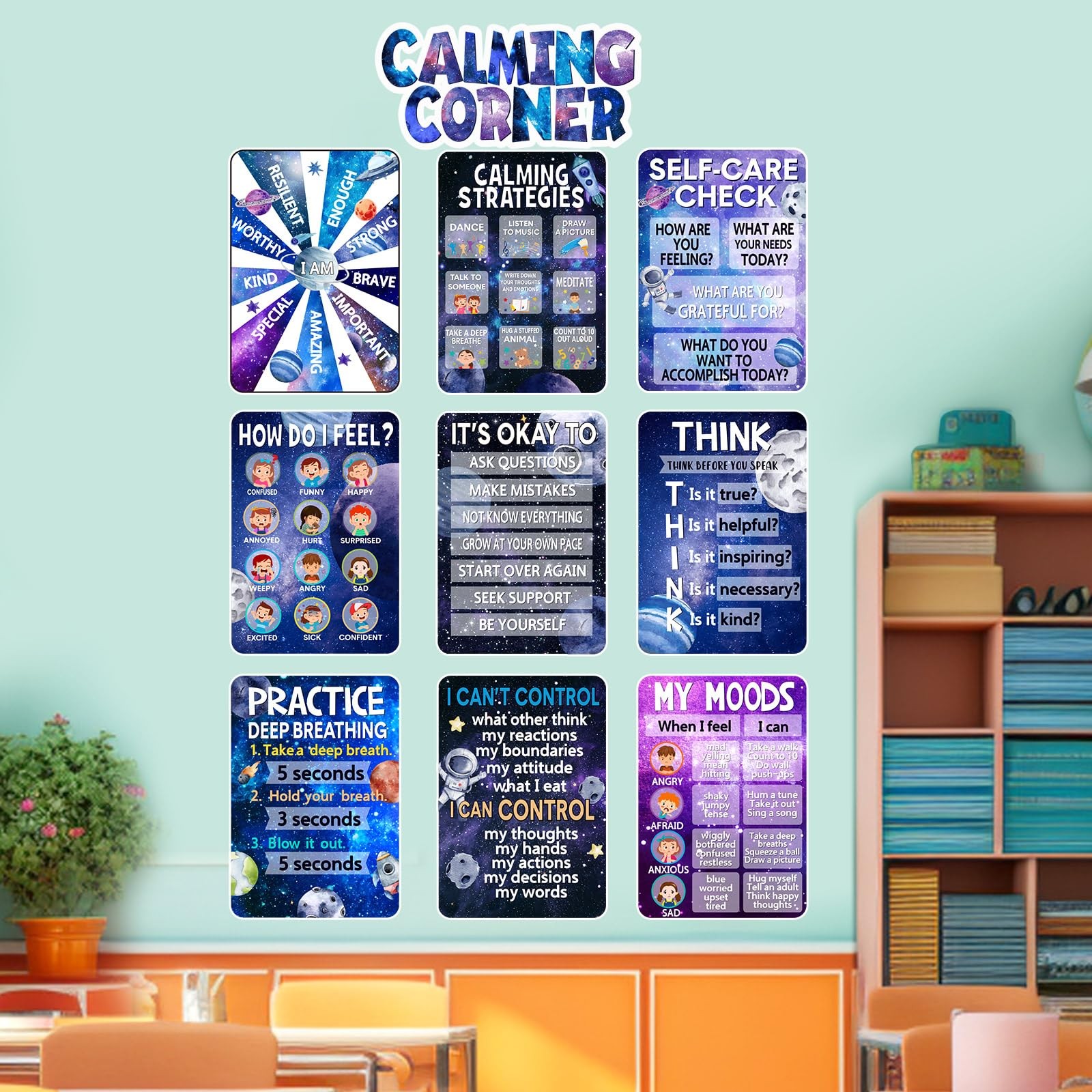 10 Pcs Calming Corner Posters Space Themed Classroom Feeling Emotion Charts M…