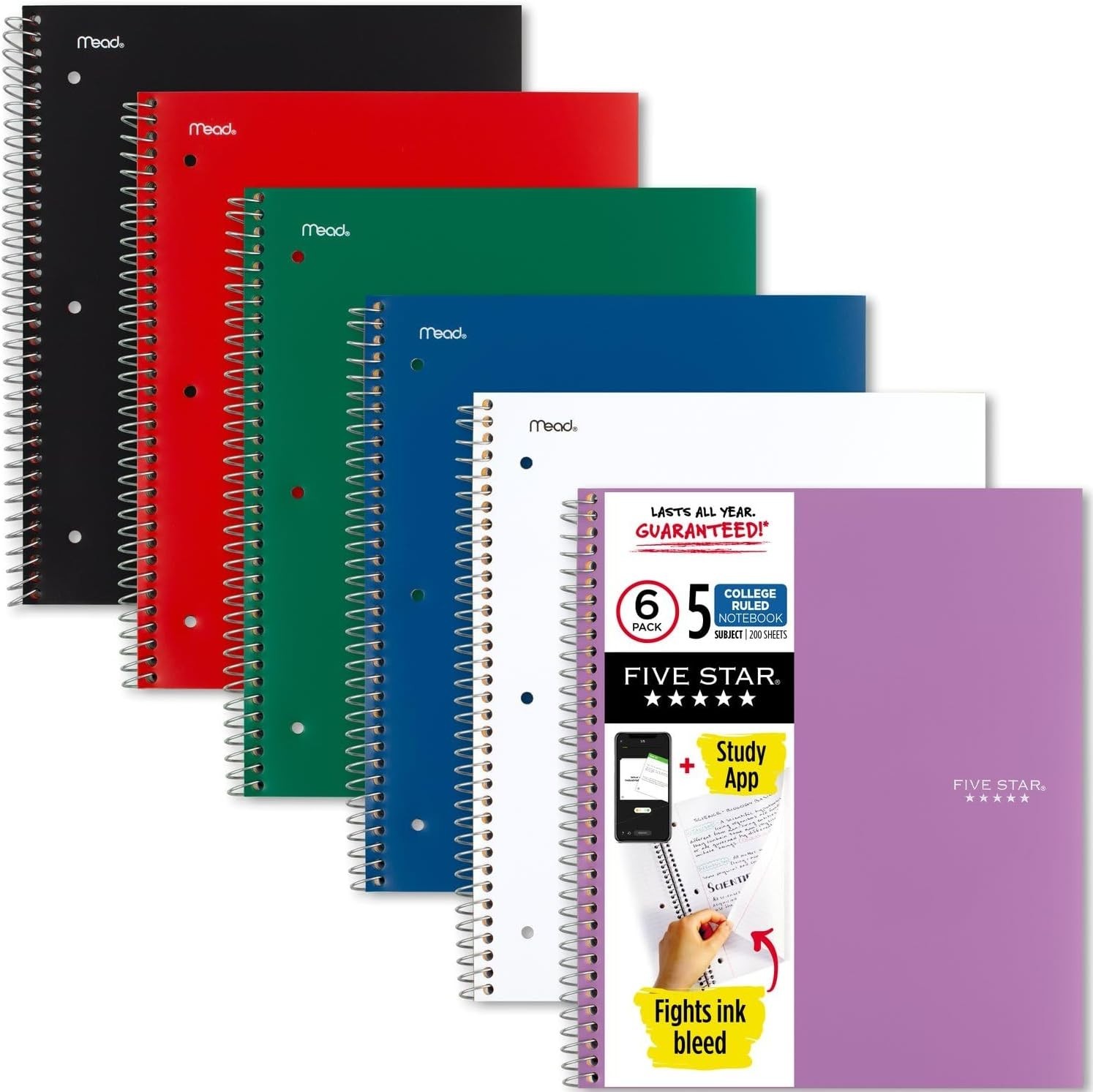 Spiral Notebook + Study App, 6 Pack, 5 Subject, Co