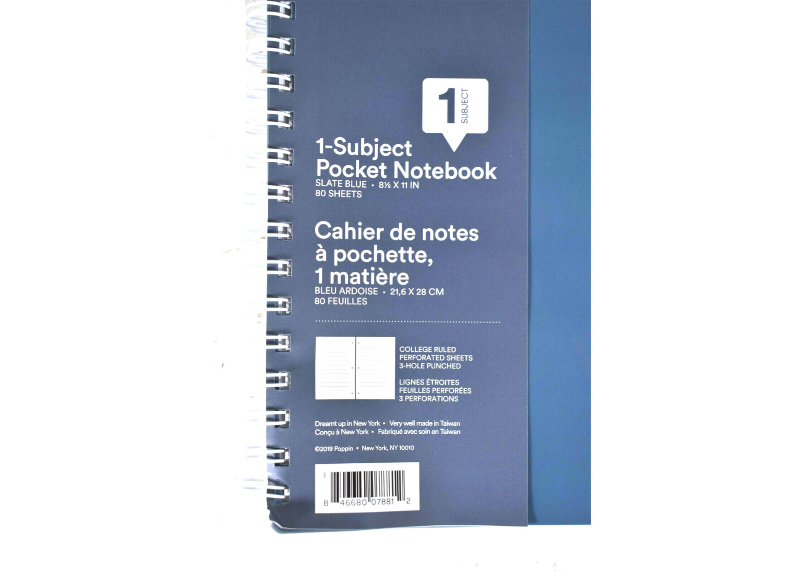 Poppin 1-Subject Pocket Spiral Notebook 8.5″ X 11″ 80 Ruled Sheet Slate Blue