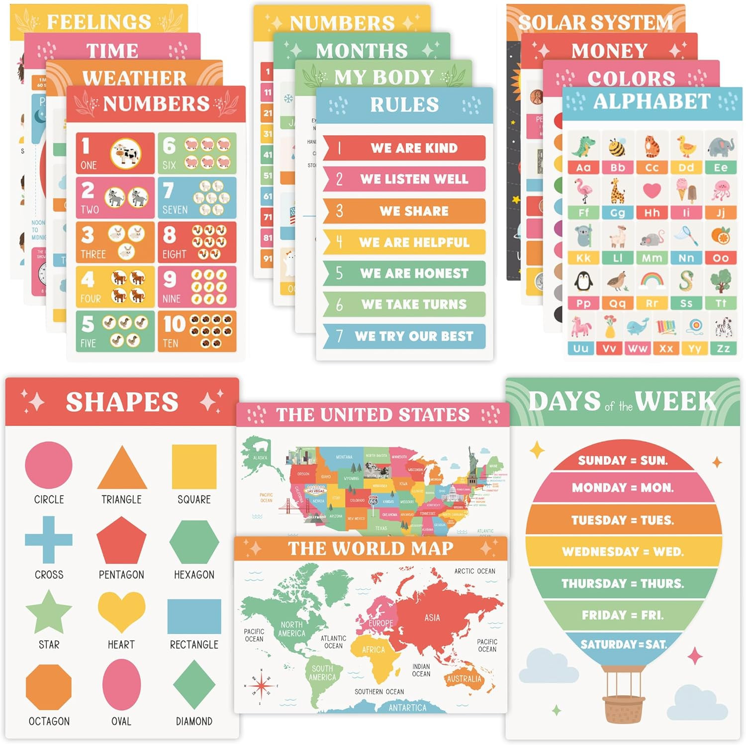 Fun Educational Posters for Toddlers 1–3 – Set of 16 Easy to Read Learning Poste