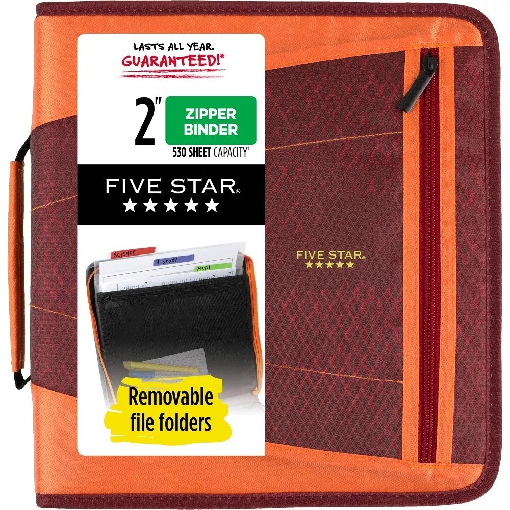 Five Star Awesome Crimson Mesh 2″ Sewn Zipper Binder with File Folders