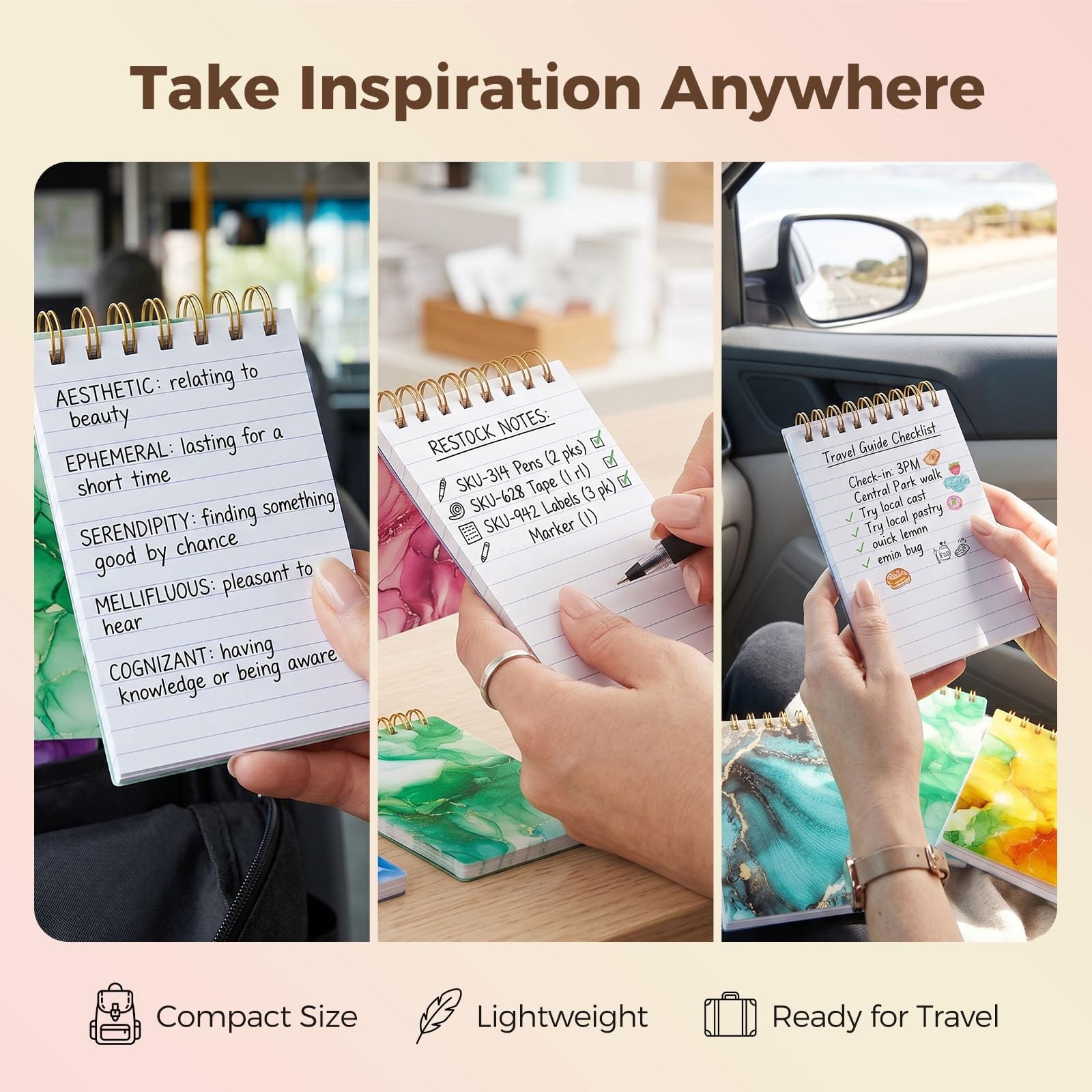 BOOKNOW 8PCS Mini Spiral Notepads, 3x5inch Marbleize Small Line Multi