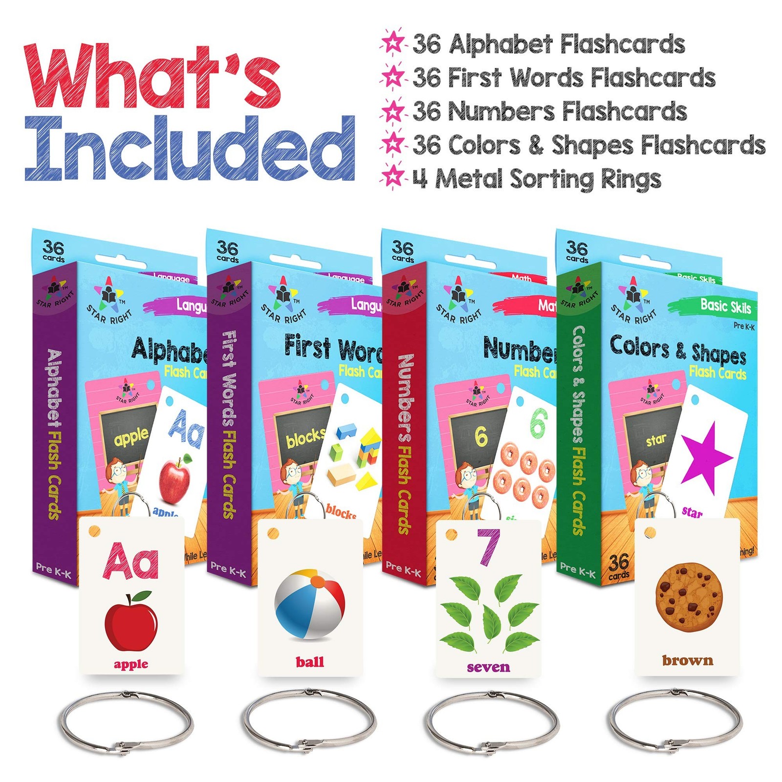 Star Right Flash Cards Set of 4 – Numbers, Alphabets, First Words, Colors & S…