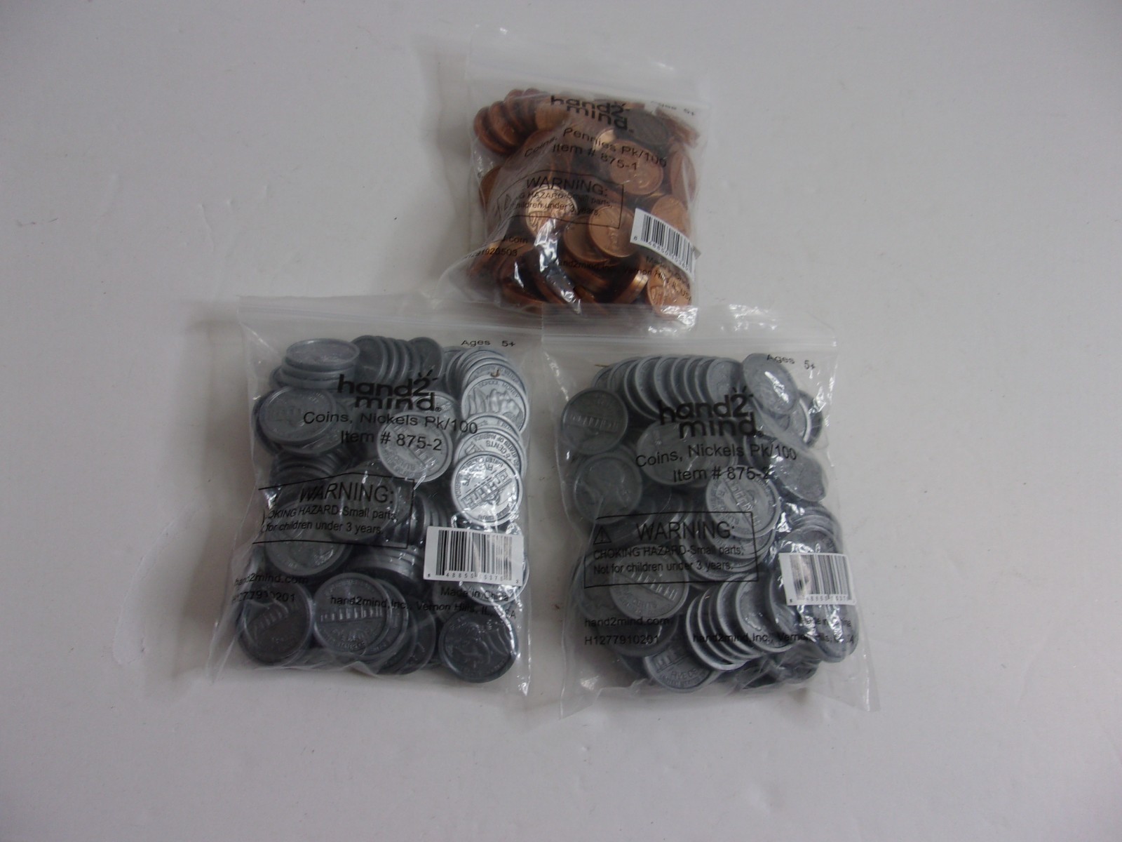 Hand2mind Plastic Coin Sets: 3 Bag of Coins Pennies, Nickels 300 Total Coins