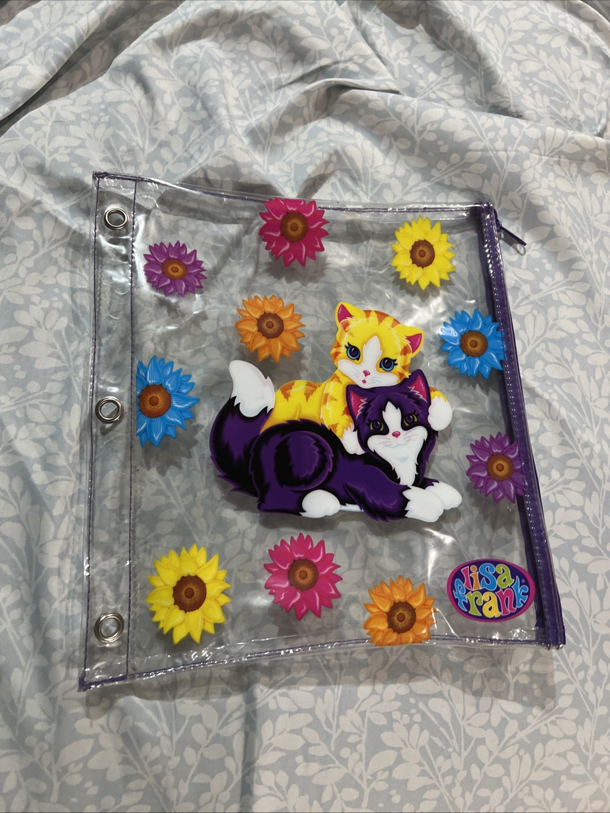 Vintage Lisa Frank Sunflower Cat Kittens Zipper 3 Ring Binder Pencil Pouch 90s