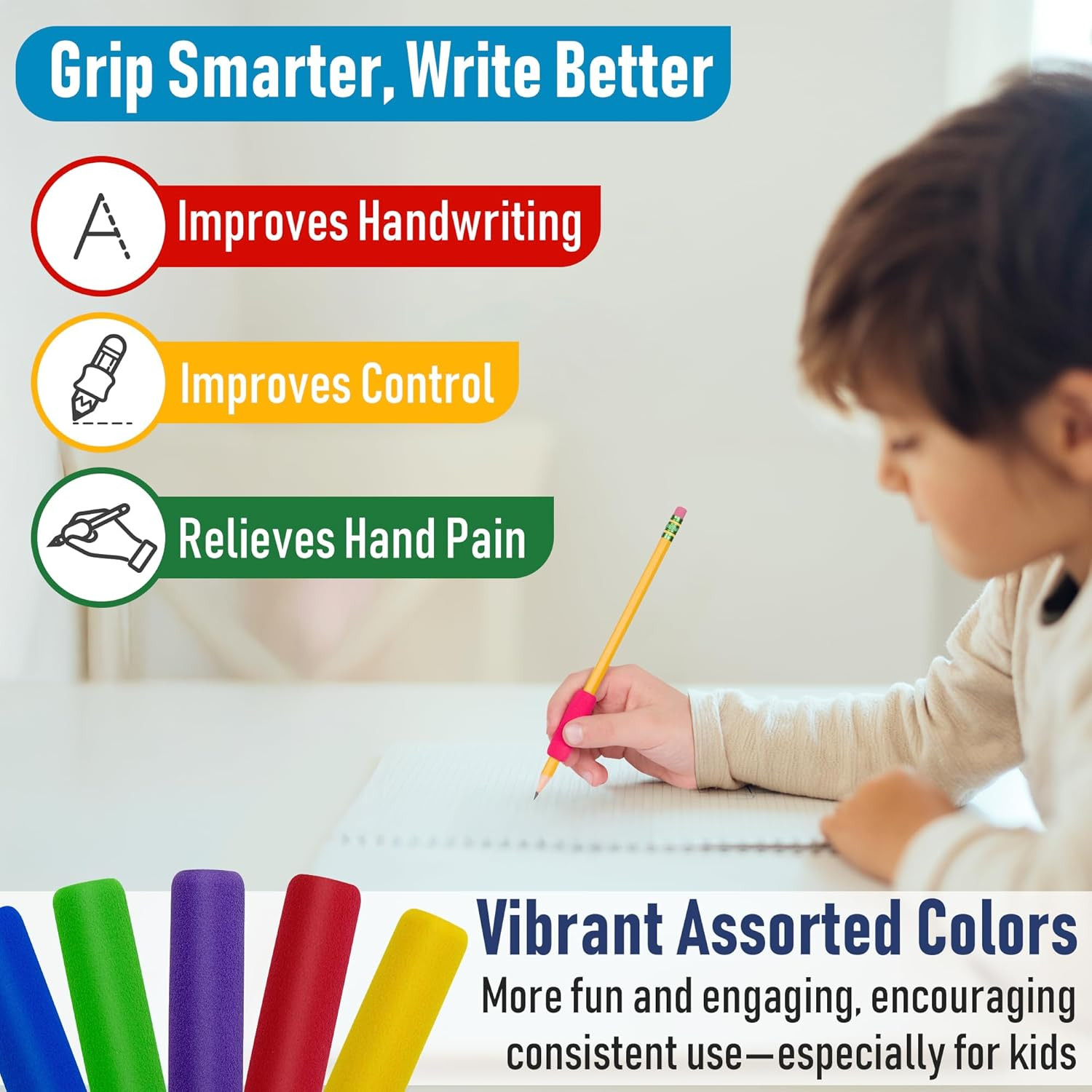 12pcs Soft Foam Pencil Grips Ergonomic Writing Aid Assorted Colors 1.5 Inch