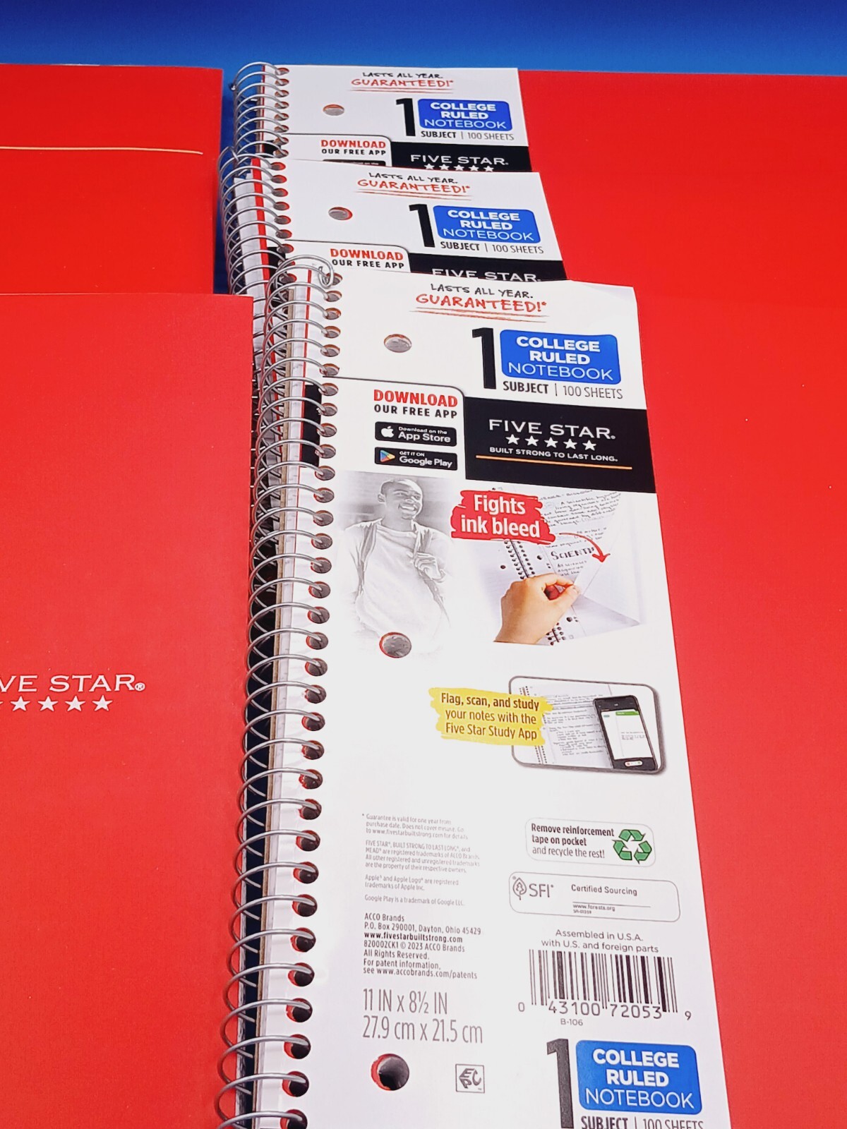 Lot of 6 Red Five Star 1 Subject College Ruled 8.5×11 100 Sheets Spiral Notebook
