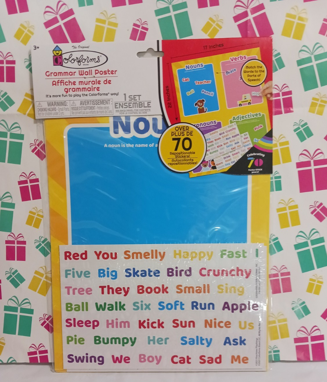 Learning grammar wall poster by colorforms + 70 re-usable stickers nouns verbs +