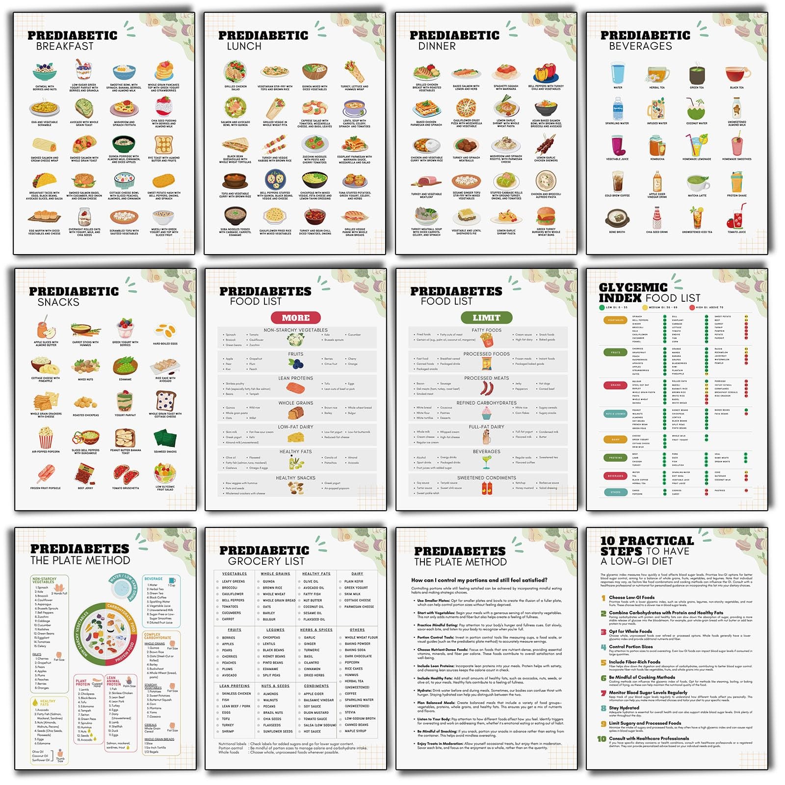 12 Pcs Pre Diabetic 11 X 8.5 Inches, Food List chart