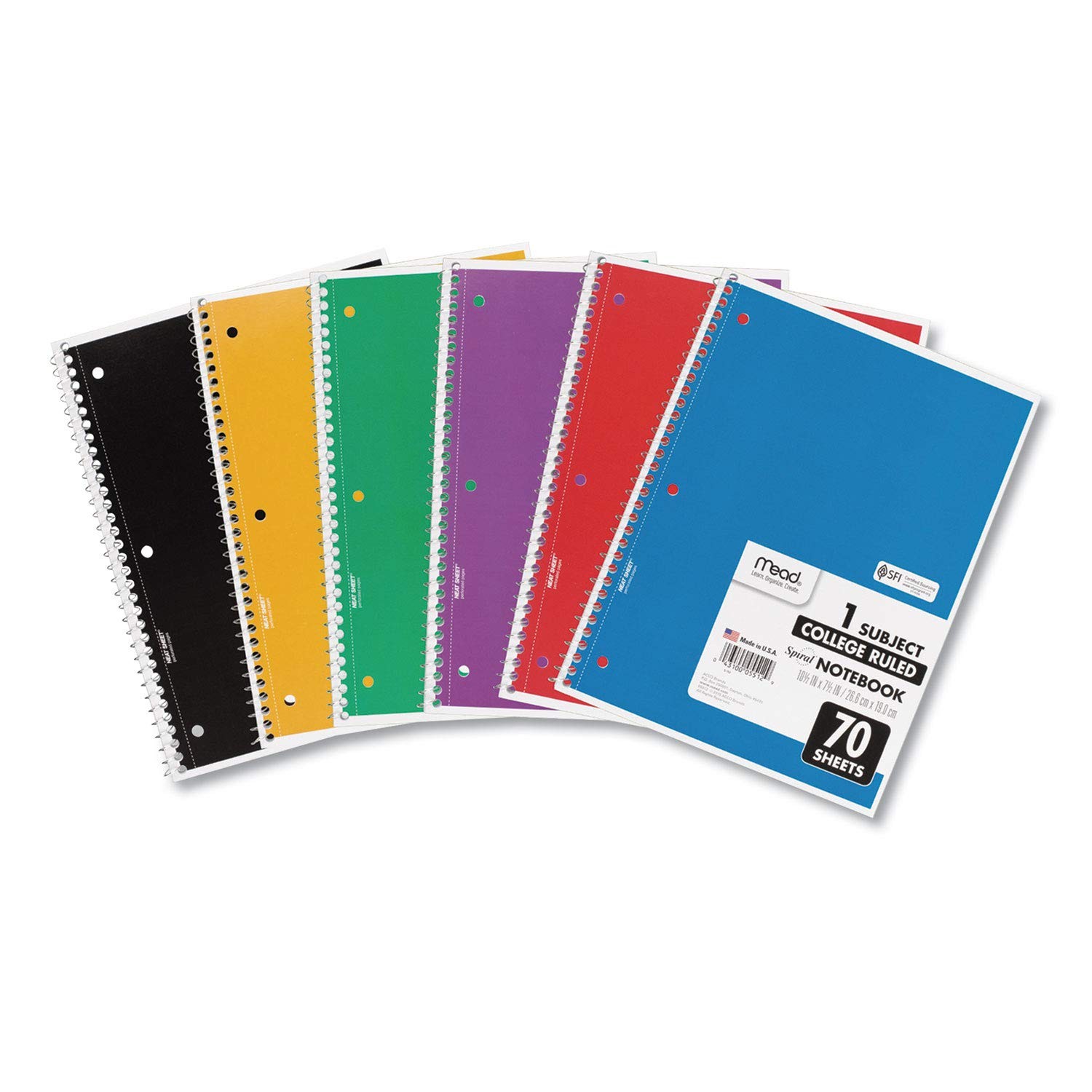 Mead Spiral Notebook, 1 Subject, College Ruled Pack of 6, Primary Colors