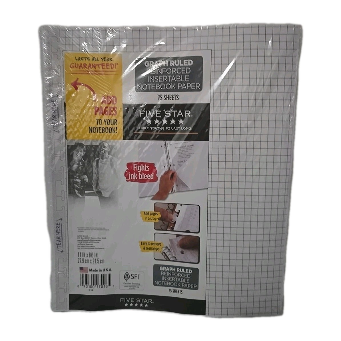 Five Star 225ct Graph Ruled Reinforced Insertable Notebook Paper 3 Packs Of 75