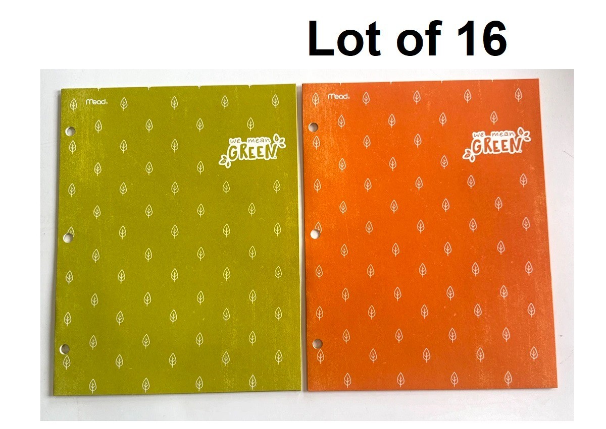 Lot of 16 Mead 3-Hole 2-Pocket Portfolio Folders 12″ x 9 3/8″ “We Mean GREEN”