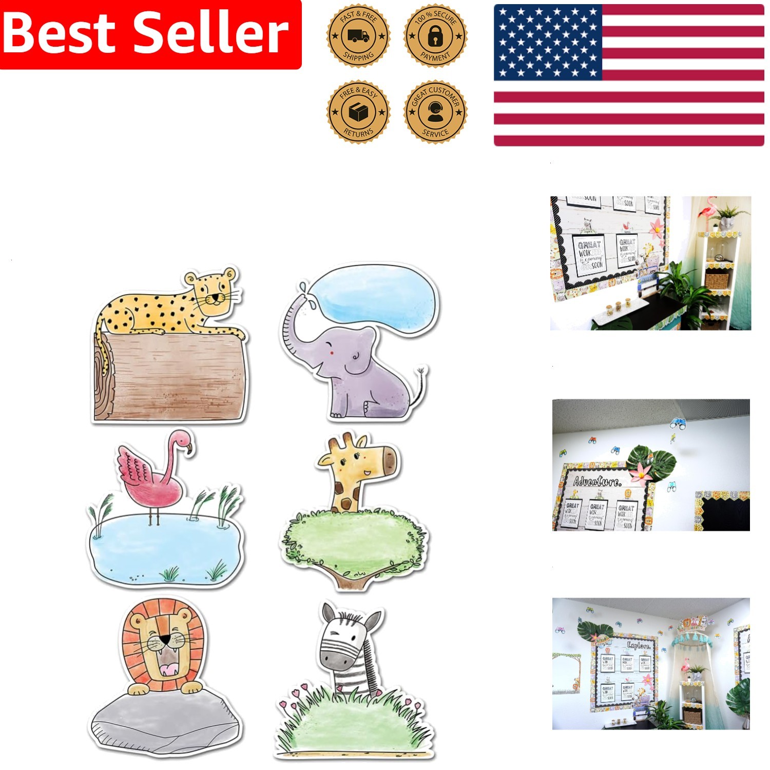 Fun Safari Friends Decor Cut-Outs 36 Pieces 6-inch Classroom Learning Crafts