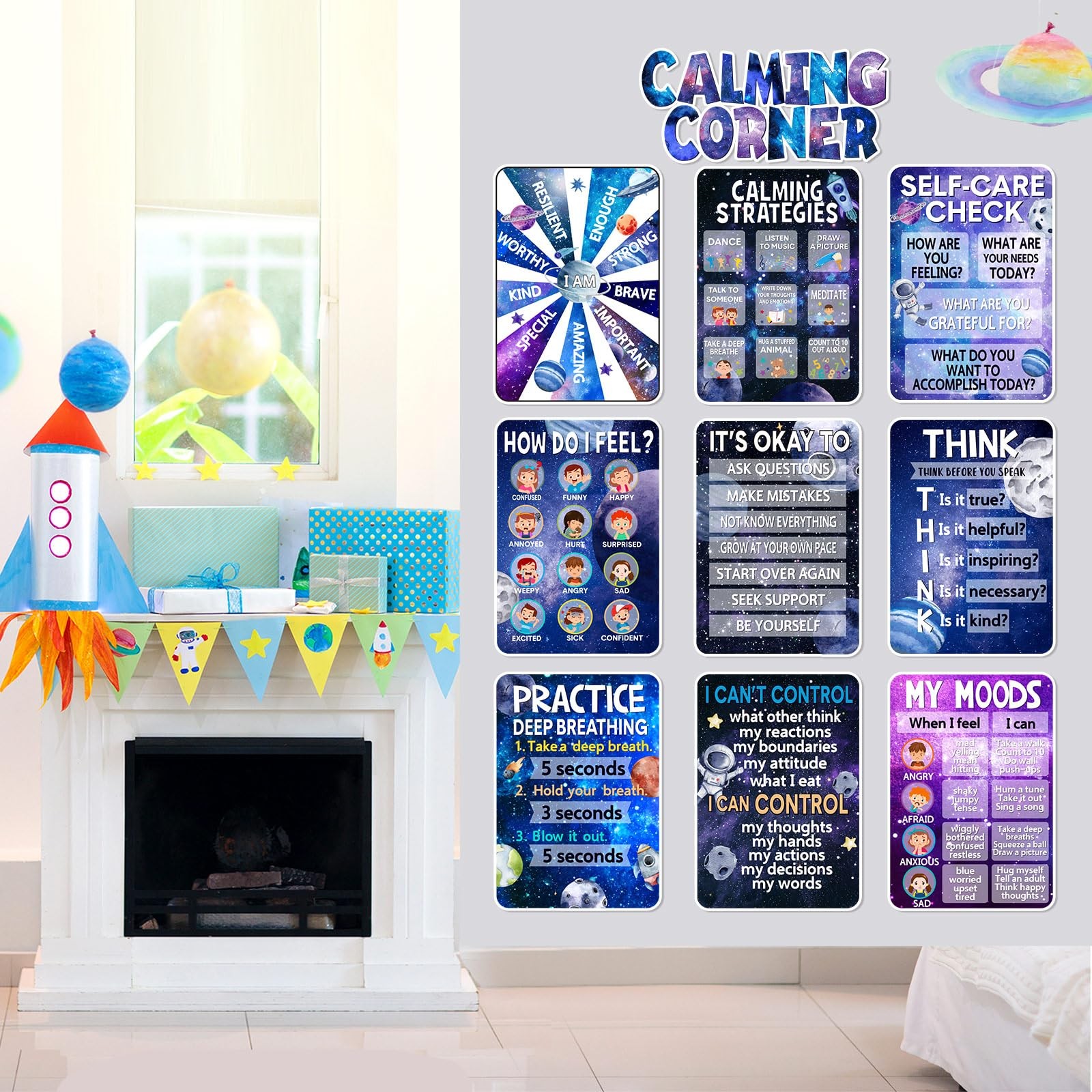 10 Pcs Calming Corner Posters Space Themed Classroom Feeling Emotion Charts M…