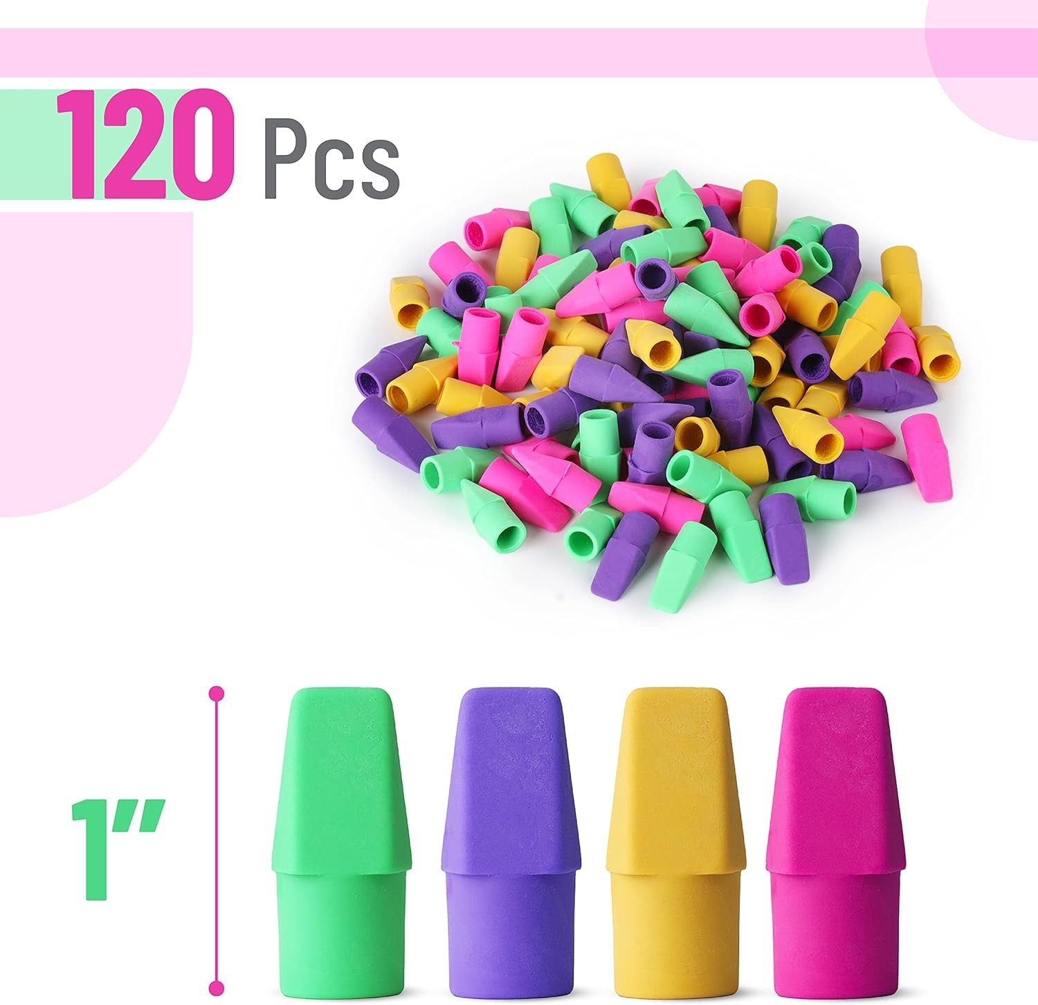 Pencil Top Erasers, 120 Pack, Latex-Free, No-Smudge | Cap Pencil Erasers for …