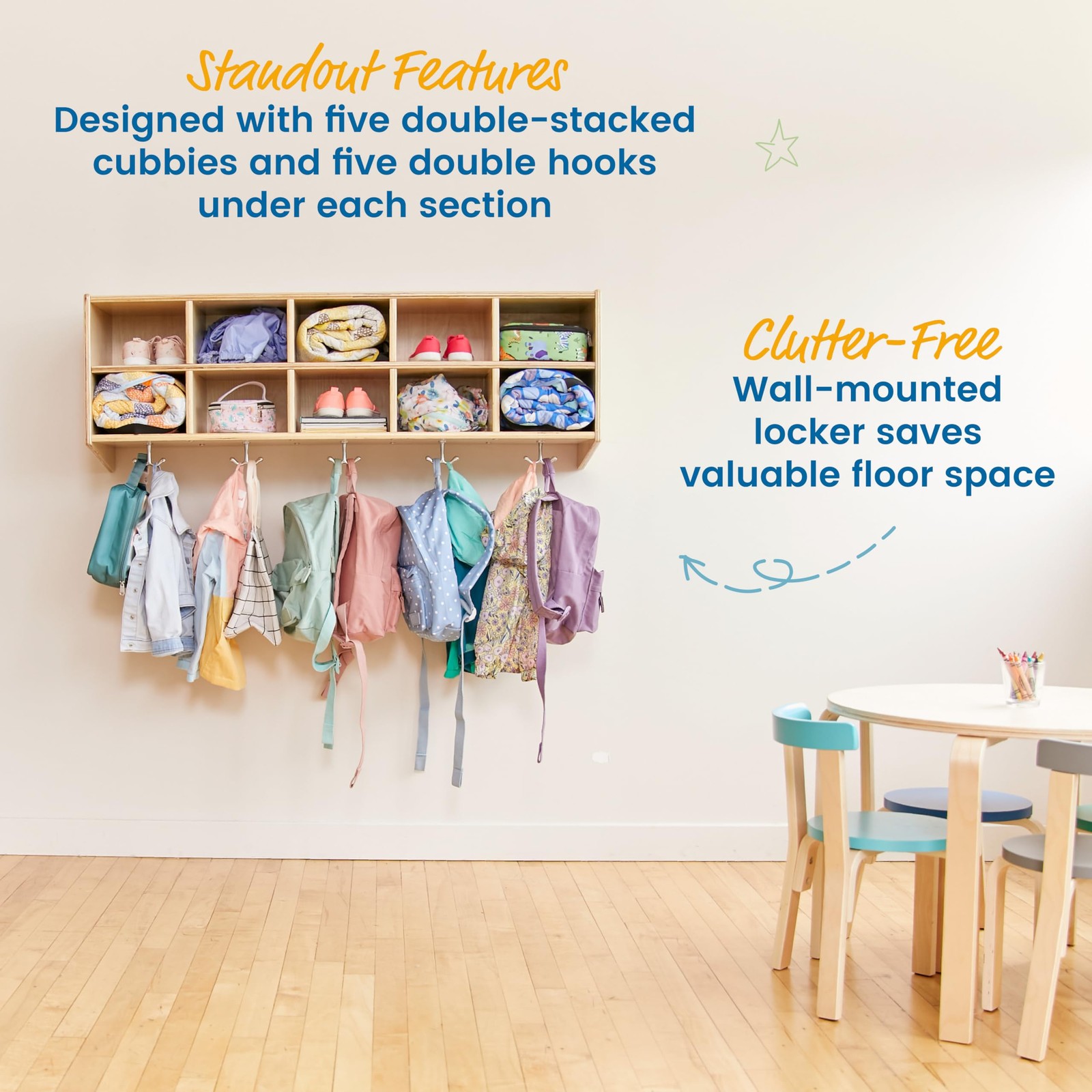 Streamline 10-Section Wall-Mounted Hanging Cubby Coat Locker, Classroom Furni…