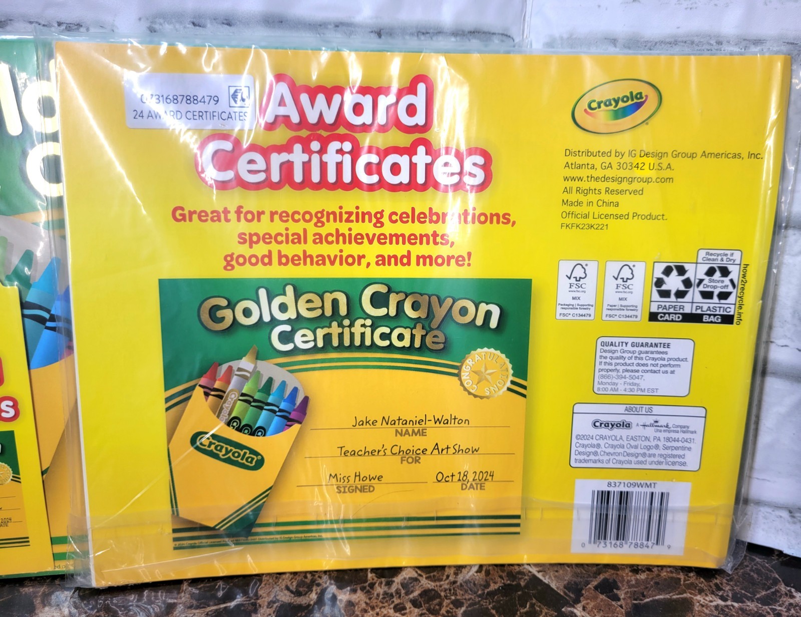 Crayola Golden Crayon Certificate Awards 24 Count NEW Sealed Two Packs