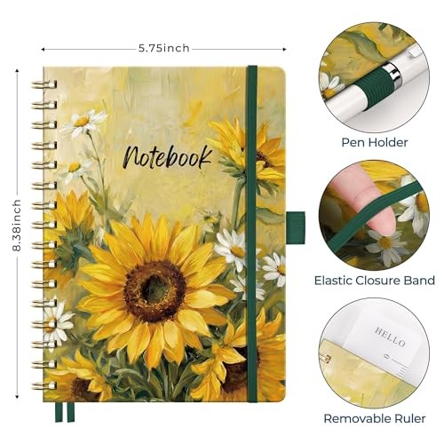 Spiral Journal Notebook, 160 Lined Pages, A5 Medium Size Golden Sunflower