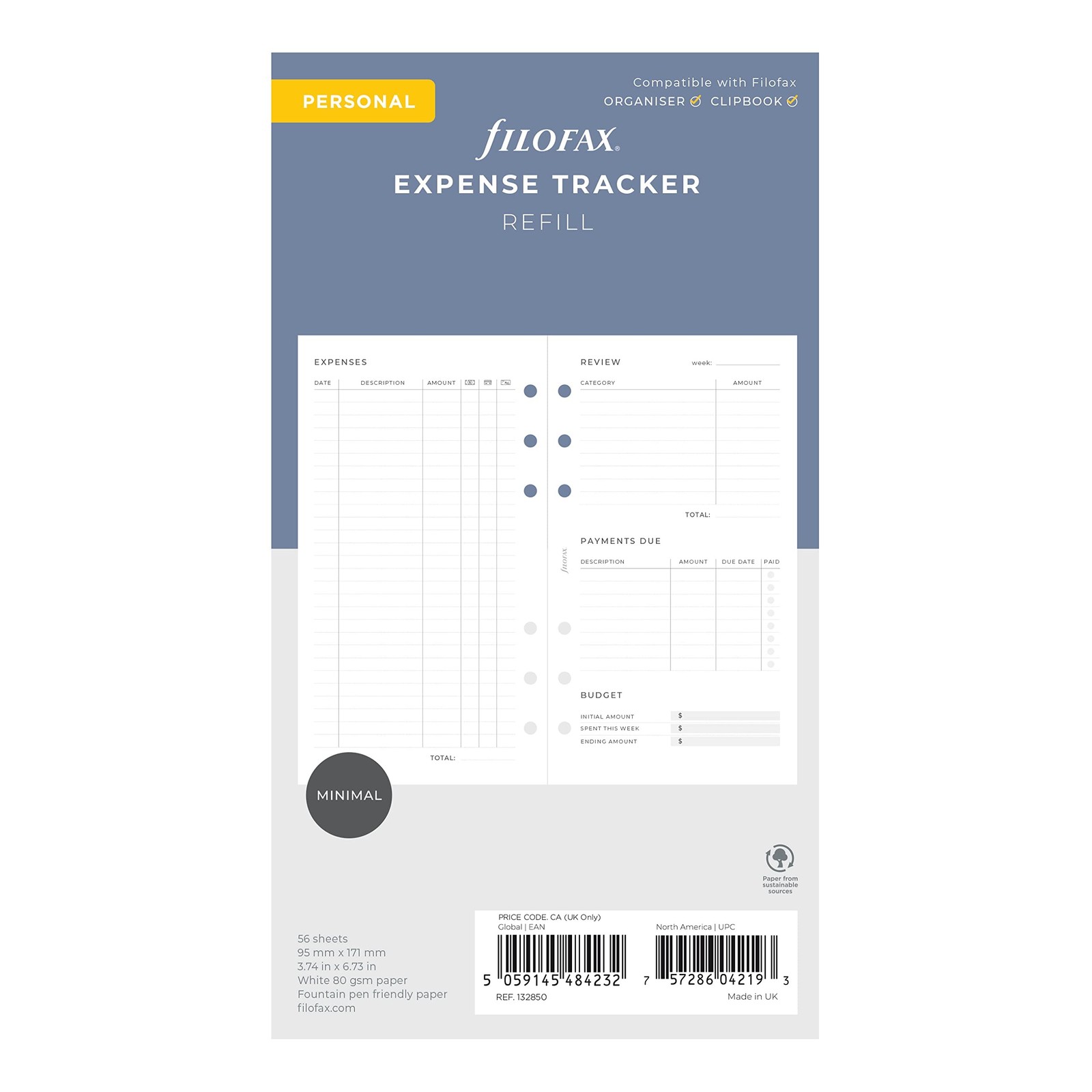 Filofax Lifestyle Refill, Personal Size, Organizer Refill, White Paper, Expen…