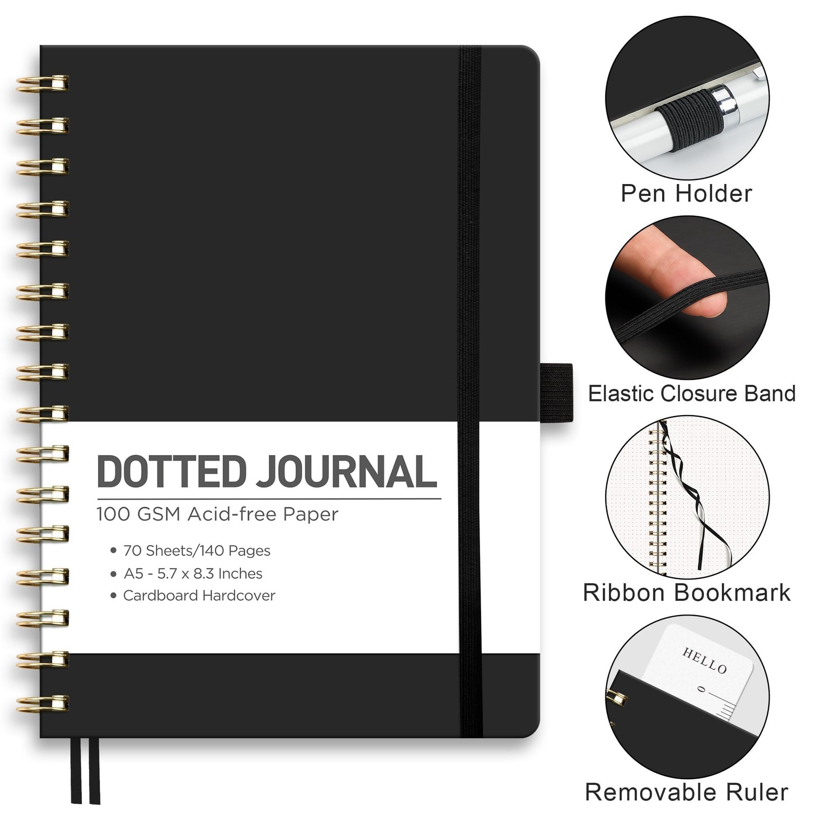 RETTACY Dotted Journal Notebook, 140 Pages, A5 Medium Size (5.7” x Black