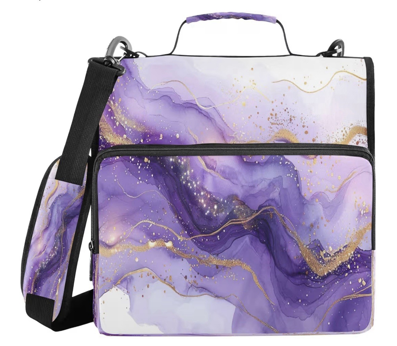 Purple Marble Waterproof Zipper Binder with Shoulder Strap, 3-Ring Trapper Keepe