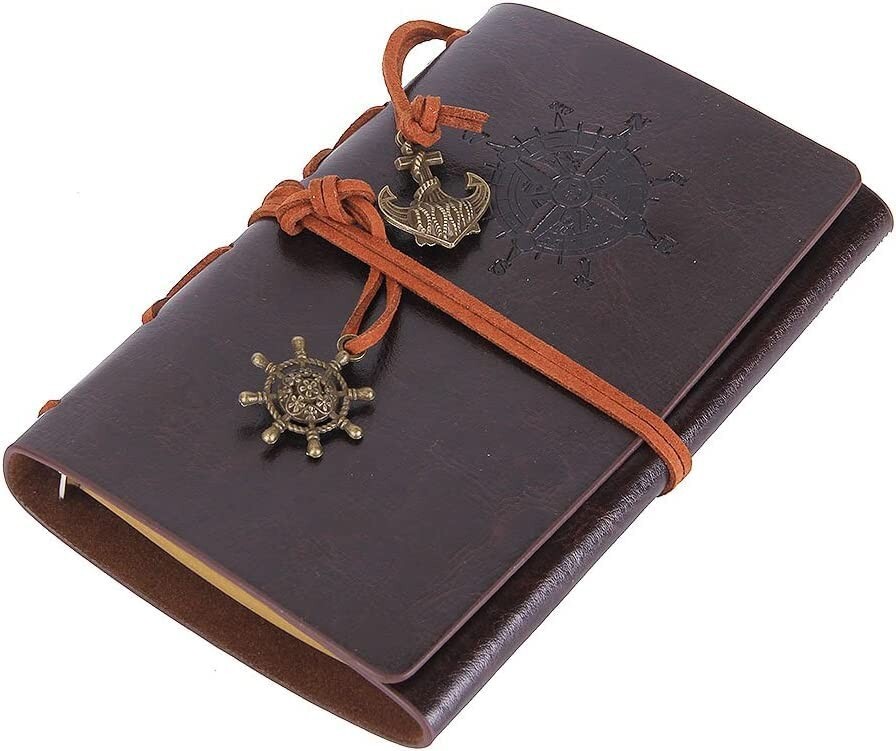 Leather Journal Notebook, Vintage Nautical Compass Spiral Blank String Daily Not