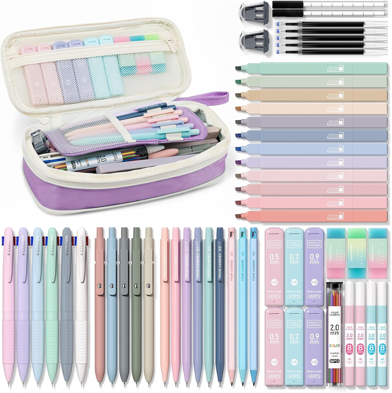 Four Candies 56 PCS Stationery Set, Cute Storage Case with Supplies, 6 Multicolo