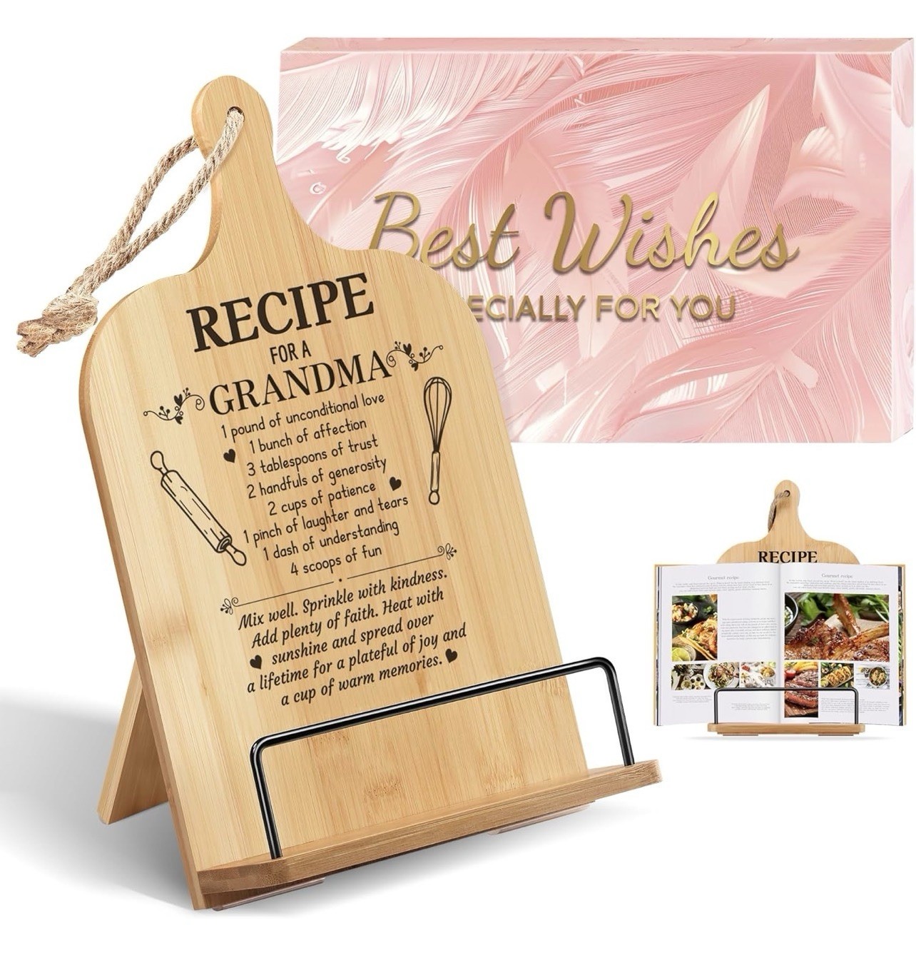 Grandma Gifts Cookbook Stand Bamboo Recipe Book Holder Kitchen Counter Non Slip