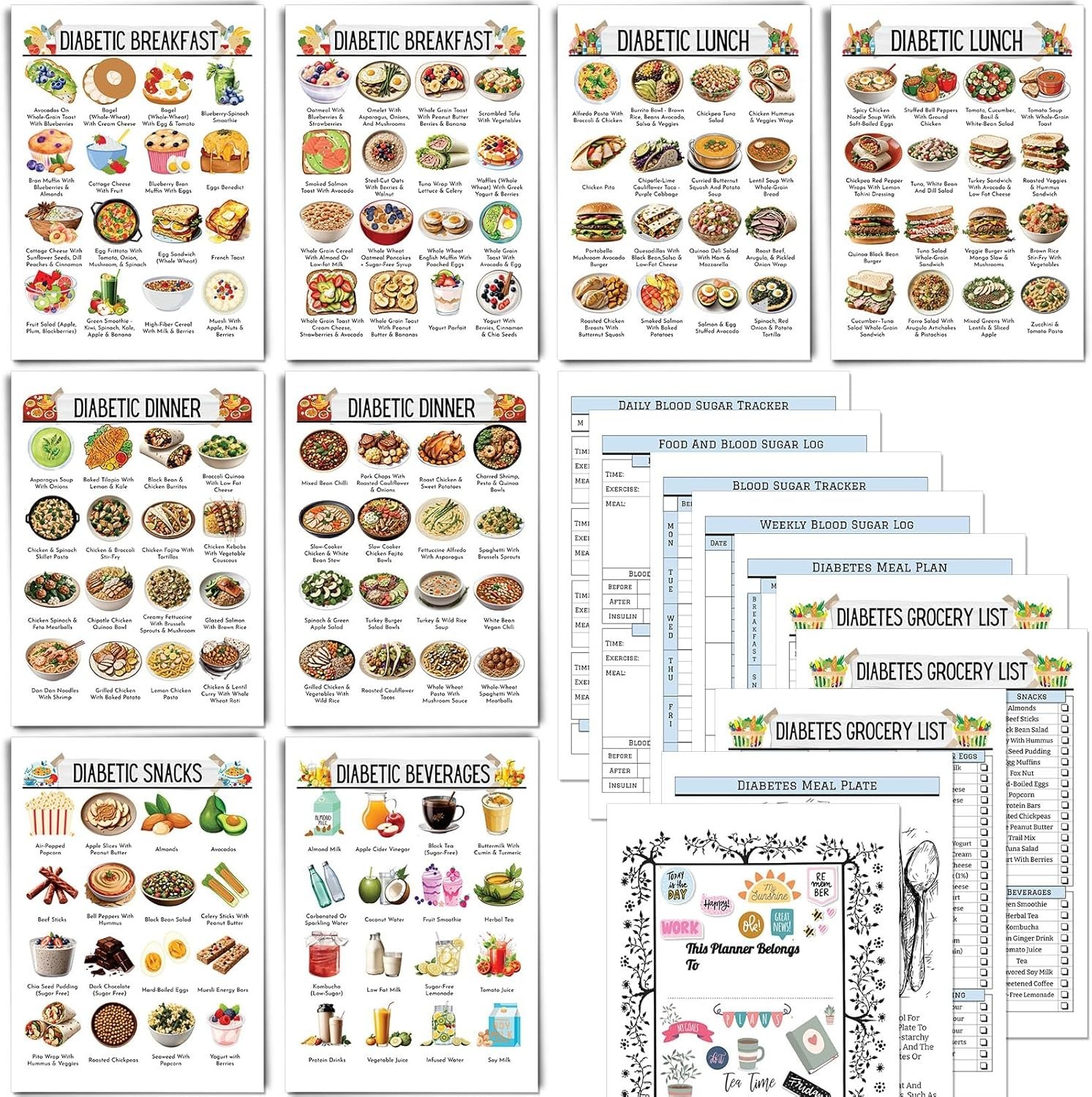 18 PCS Diabetic Food List and Meal Planner – Laminated Diabetes Meal Chart wi…