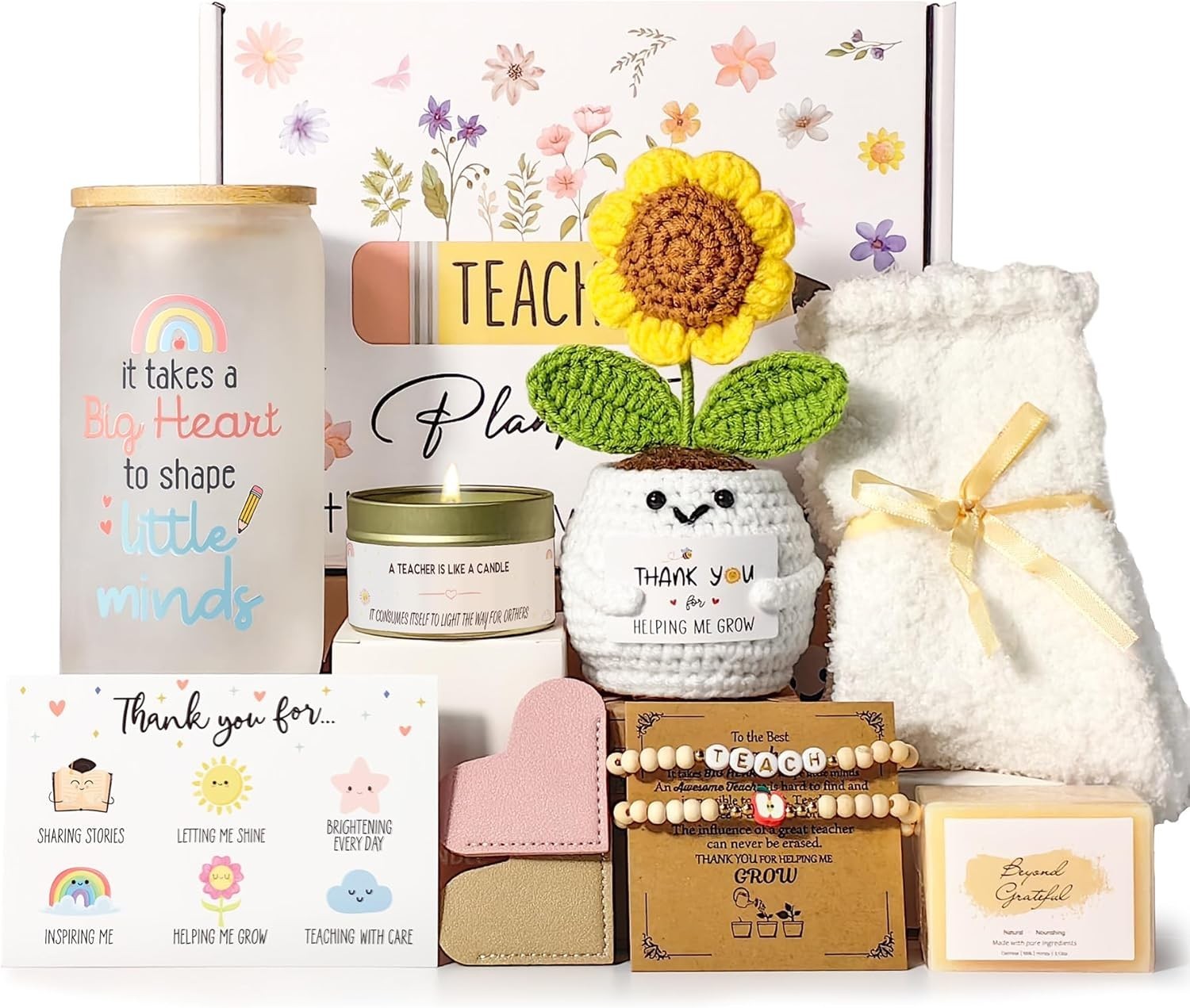 Elegant Teacher Gift Basket with 16oz Glass Cup & Thoughtful Handmade Items