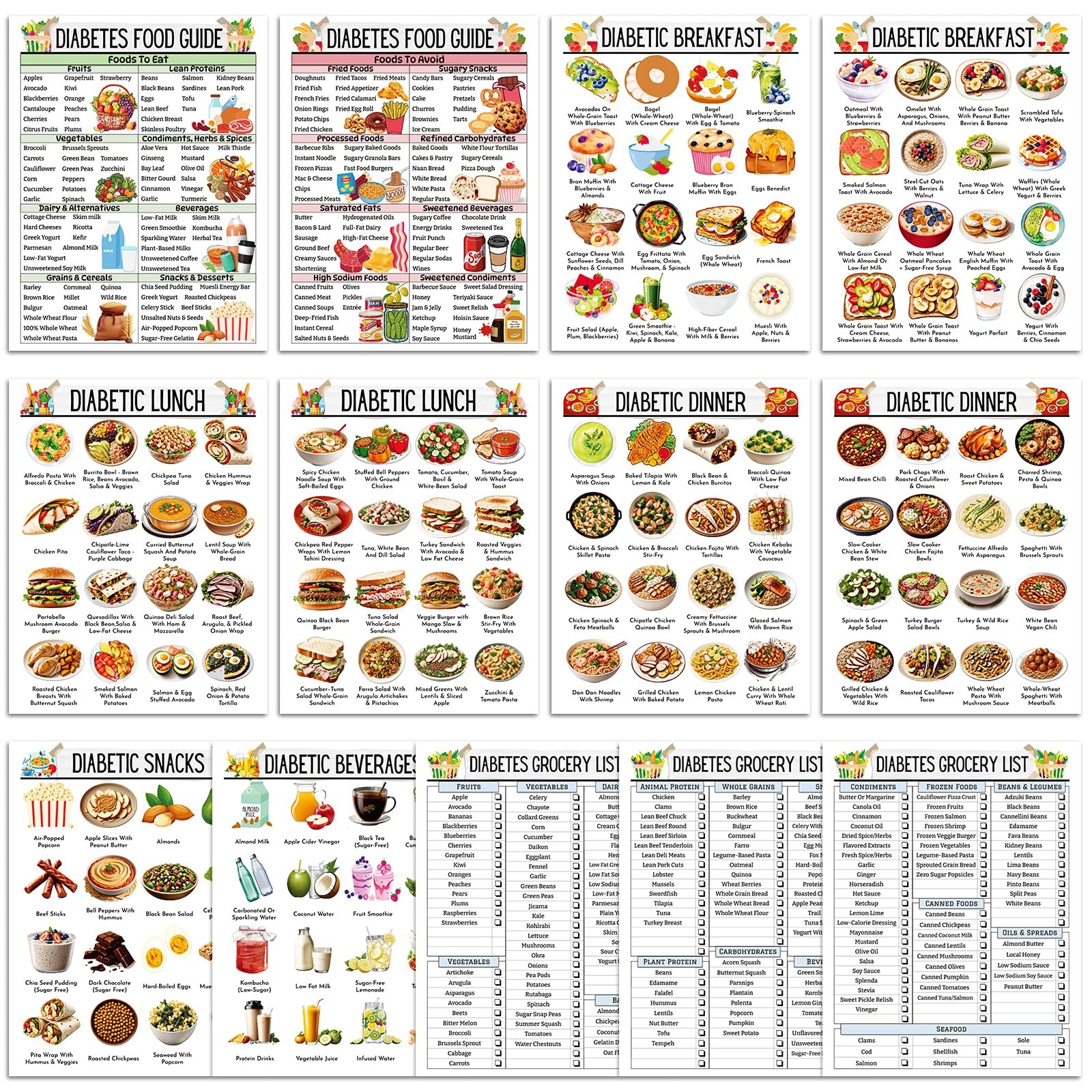 13 Pcs Diabetes Food List Chart & Meal Planner, Diabetic Meal Plan Glycemic I…