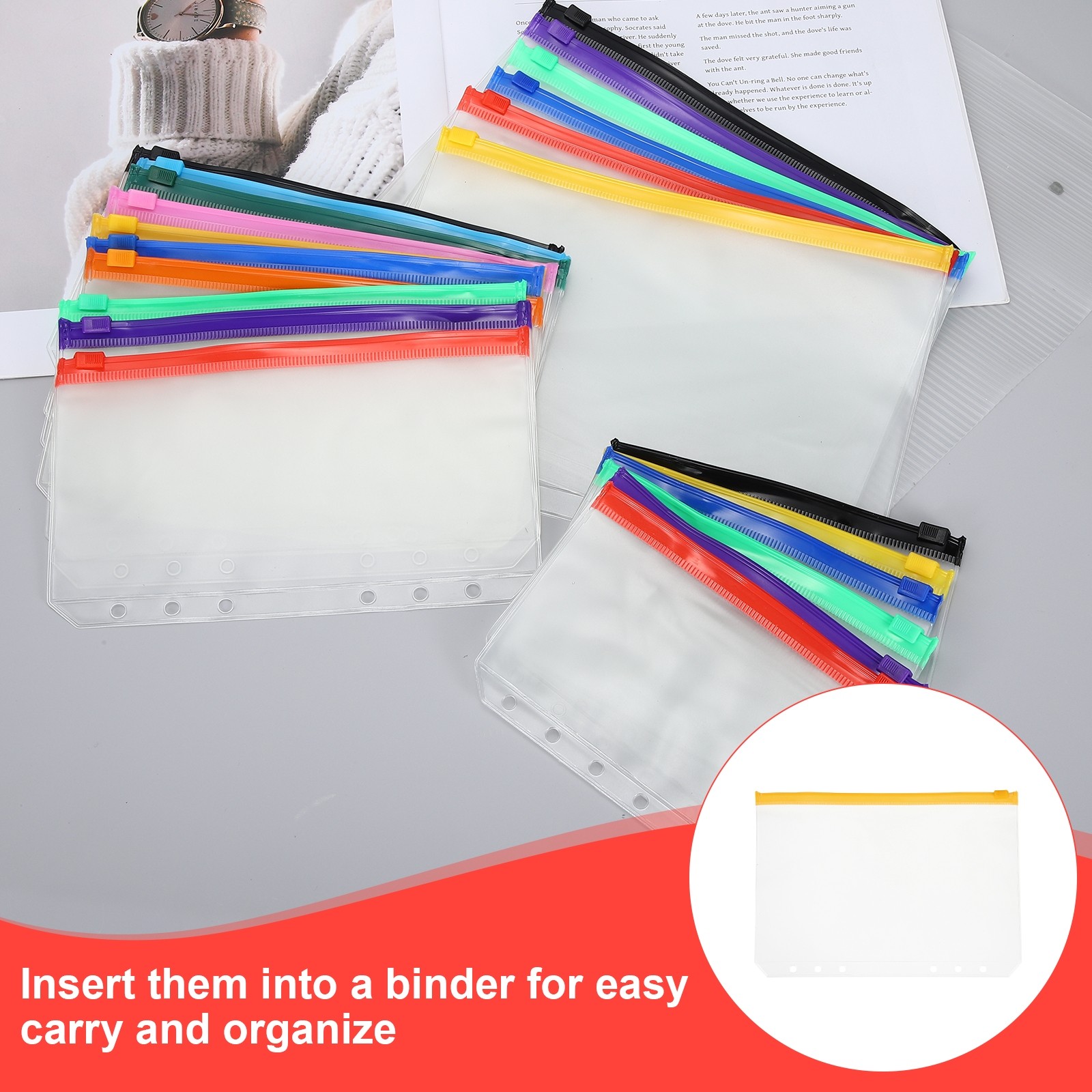 12 Pack 6 Holes A7 Binder Pocket Waterproof, Yellow Zip/Clear Pouch