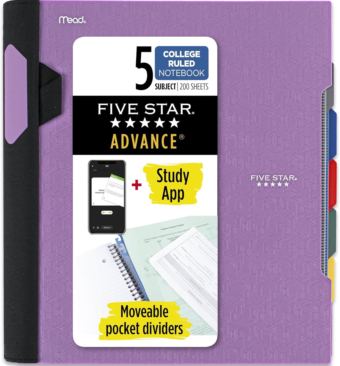 Five Star Advance Spiral Notebook 5 Subject College Ruled Paper 200 Sheets Black