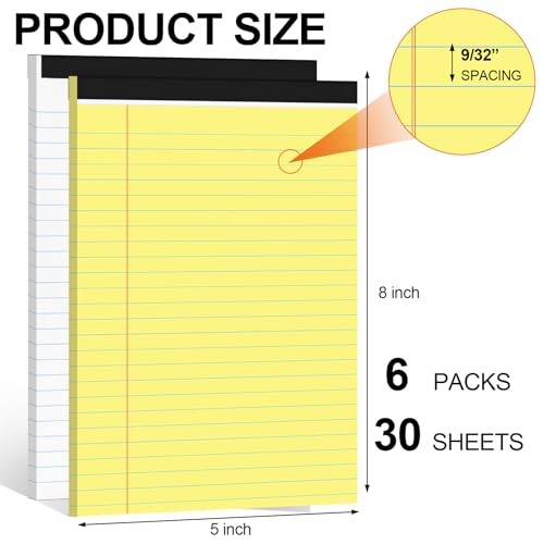 6 PCS Small Legal Pads 5×8 Yellow and White, Narrow Ruled Small Note Pads,