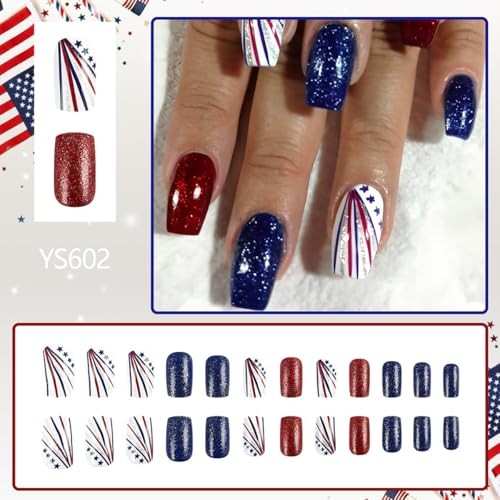 24Pcs 4th of July Press On Nails Medium Square Acrylic