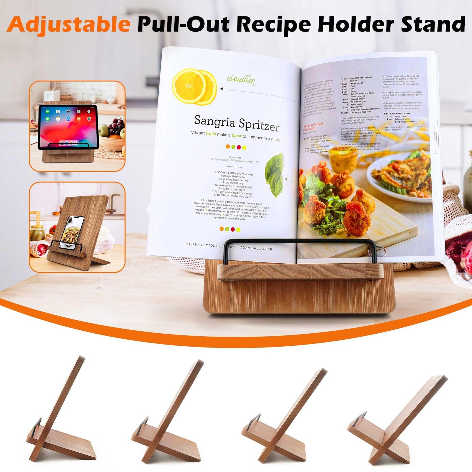 Wood Cookbook Stand Cookbook Holder: Kitchen Adjustable Cookbook Holder Recip…