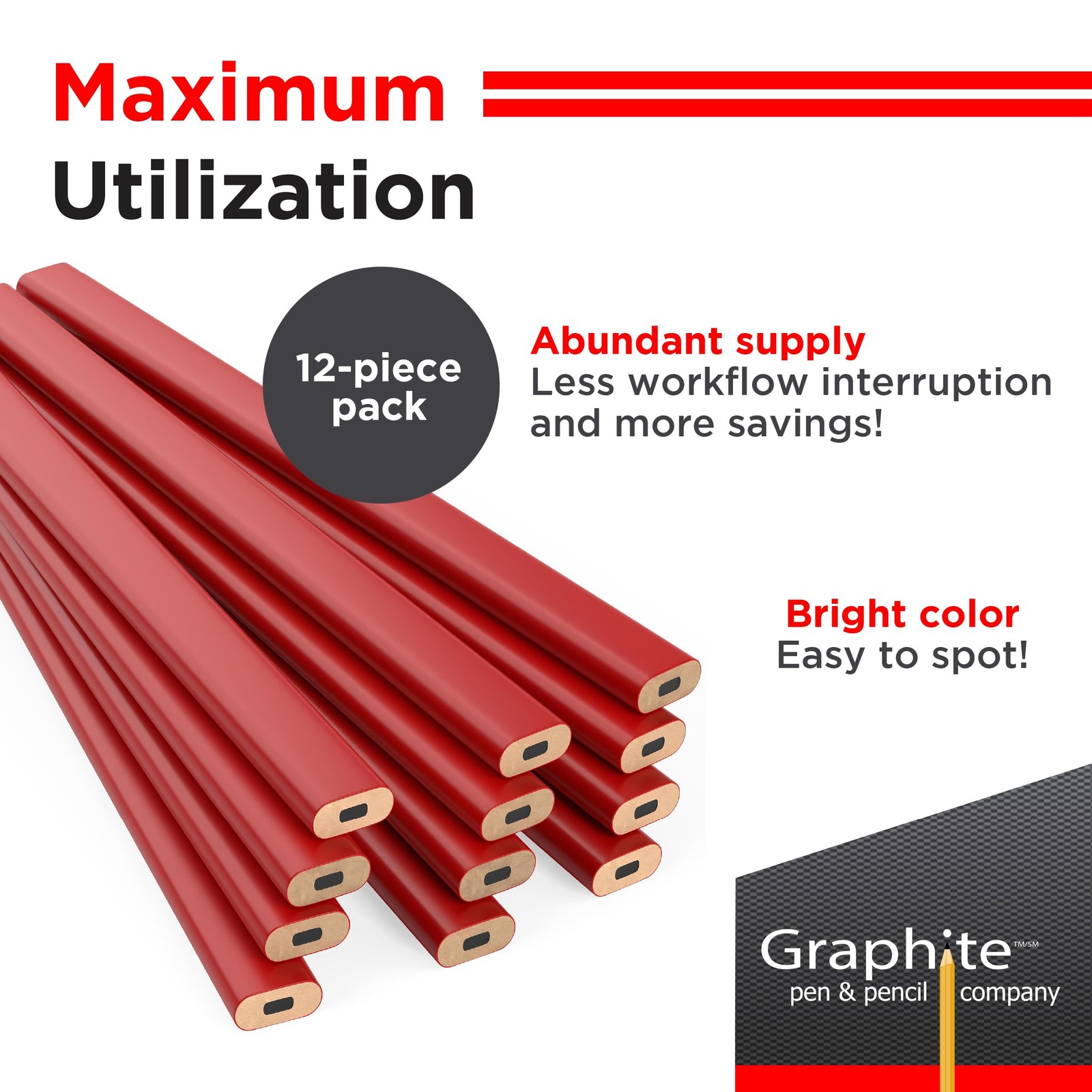 Graphite Hard Lead Carpenter – 1 Pack Of 12 Pieces Lumber Wooden Pencil