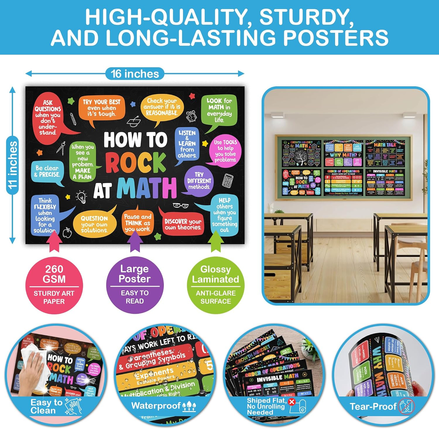 6 Pcs Math Posters (11″X16″) – Math Classroom Supplies for Teachers, Decorations